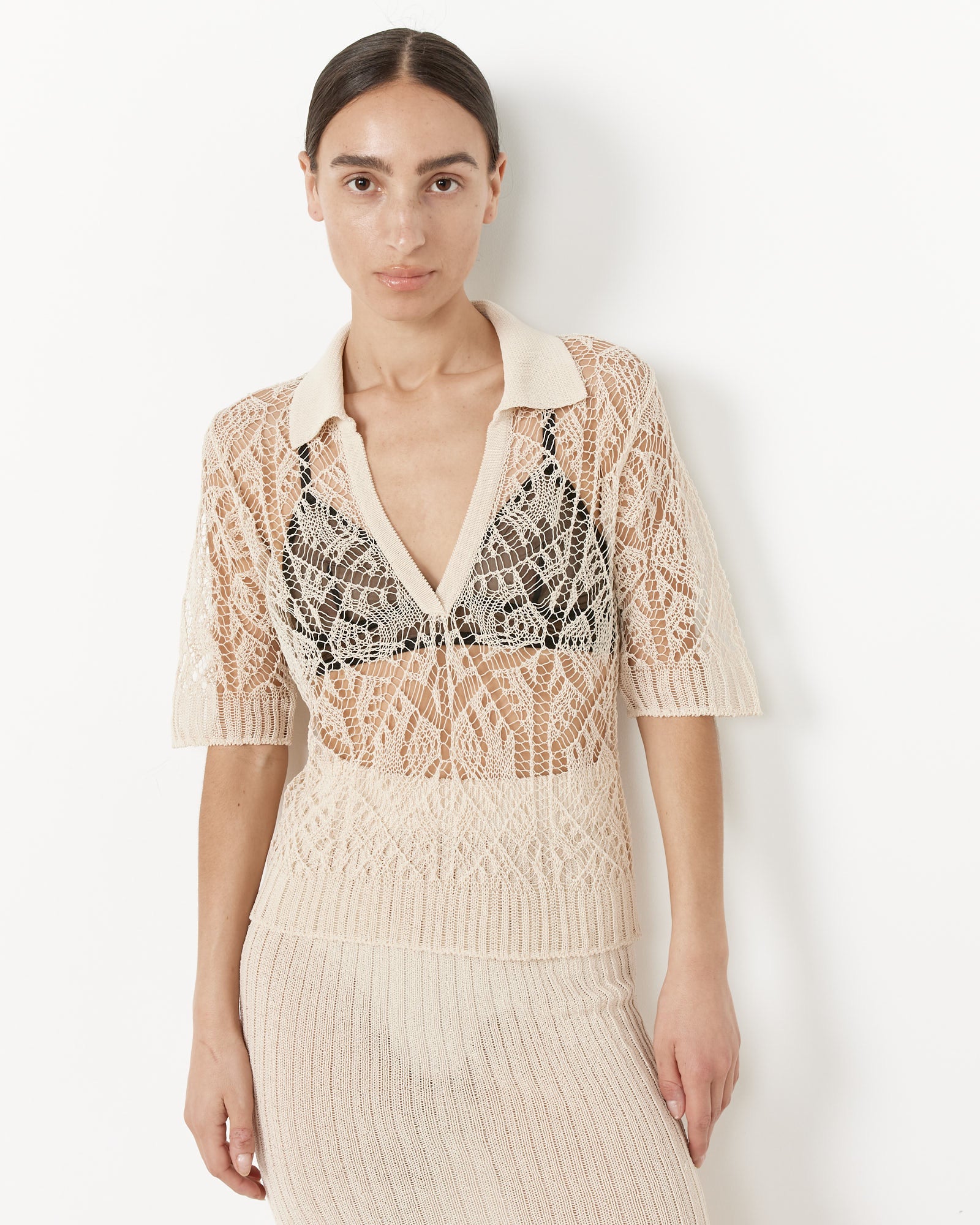 Short Sleeve Lace Polo in Egret