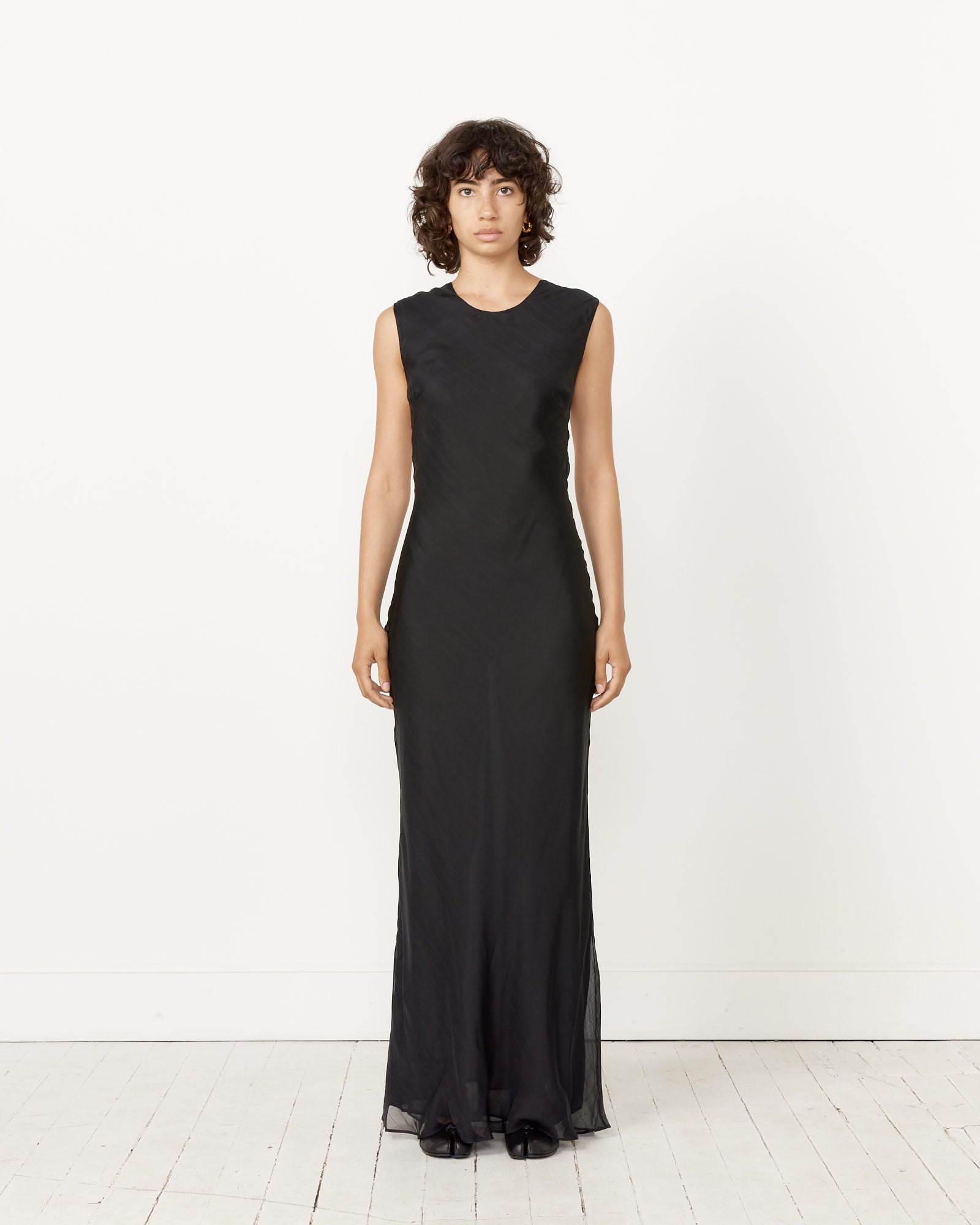 Pinstripe Silk Maxi Dress in Black