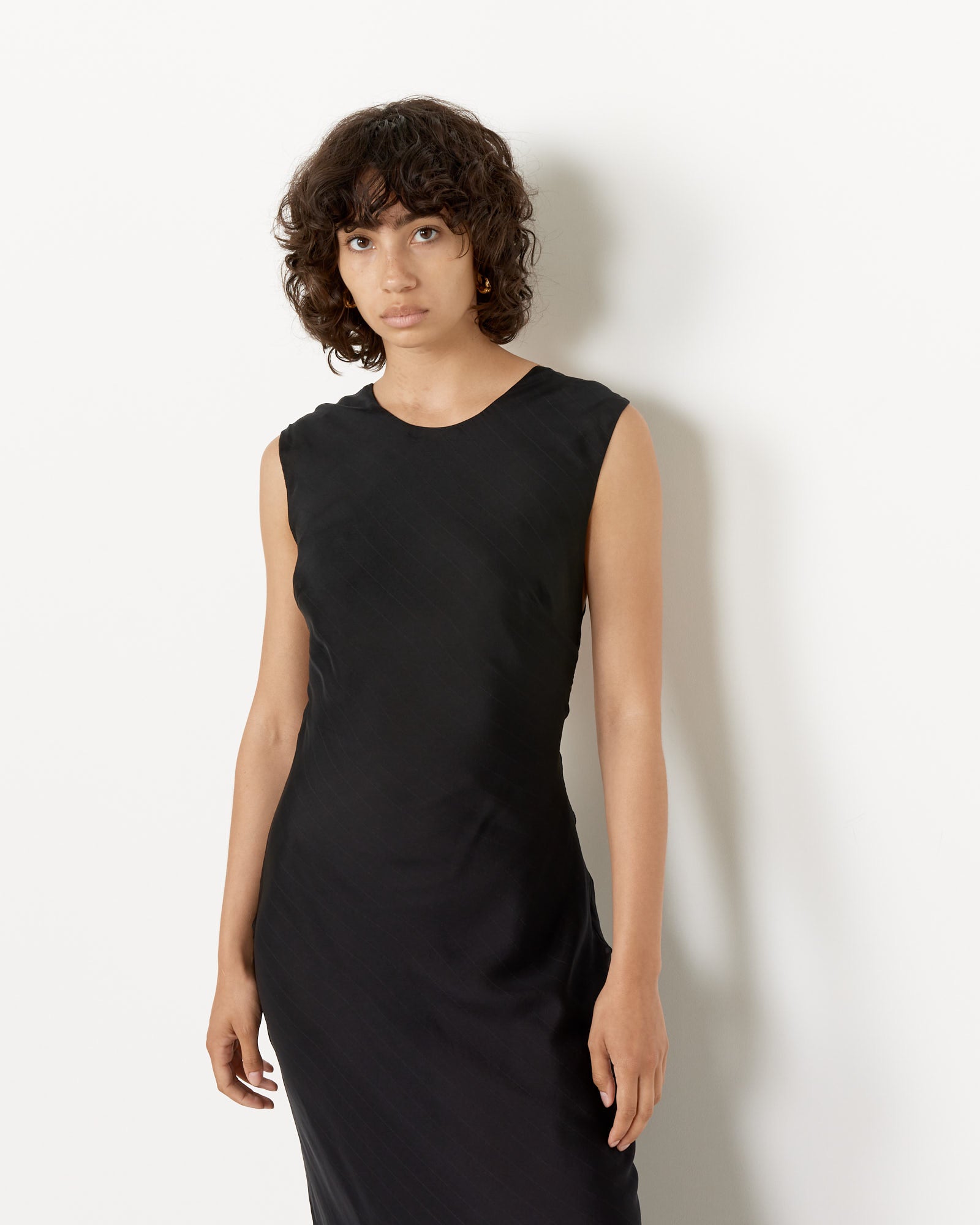 Pinstripe Silk Maxi Dress in Black