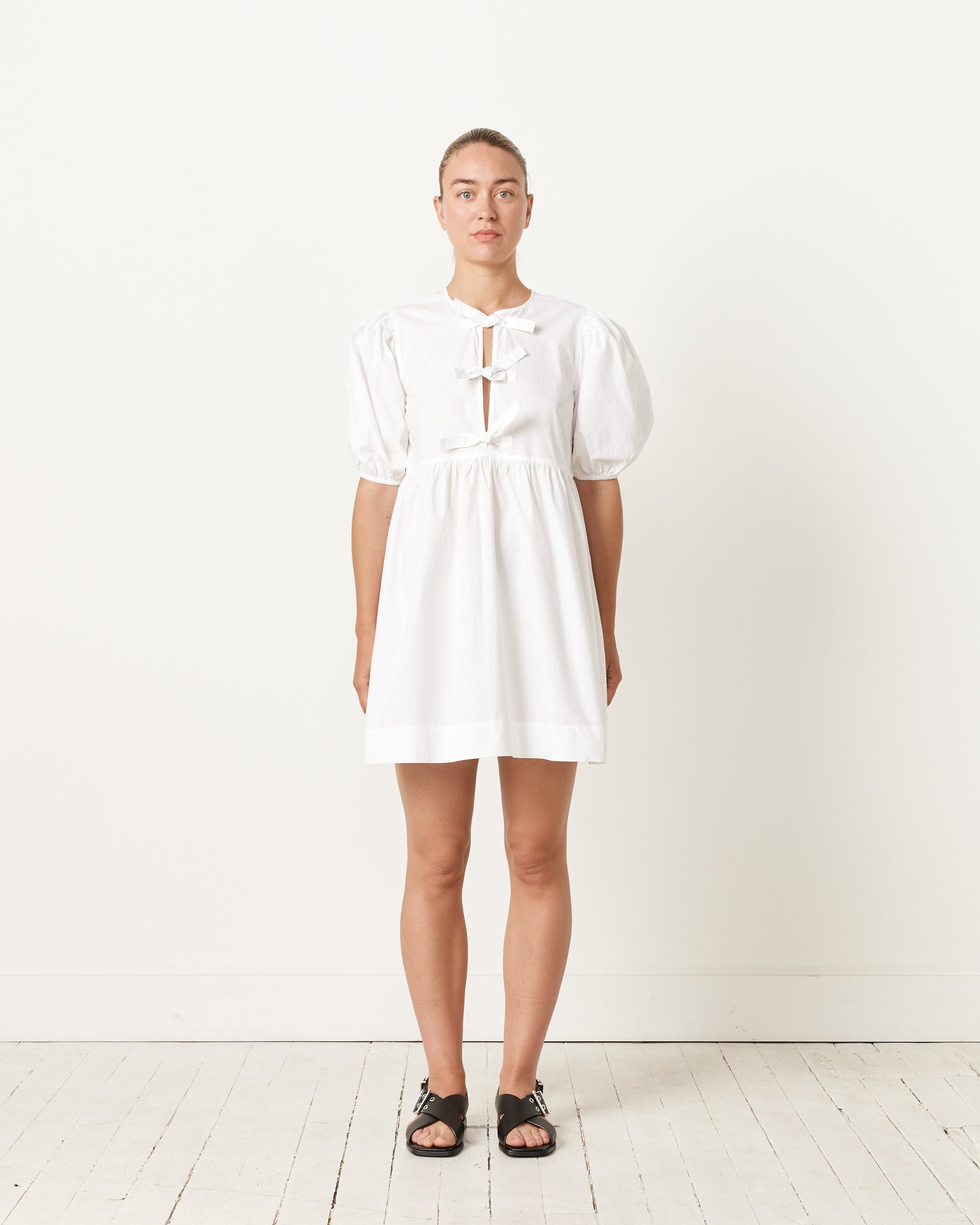 ganni tie string mini dress Black Cotton Poplin Tie String Minidress