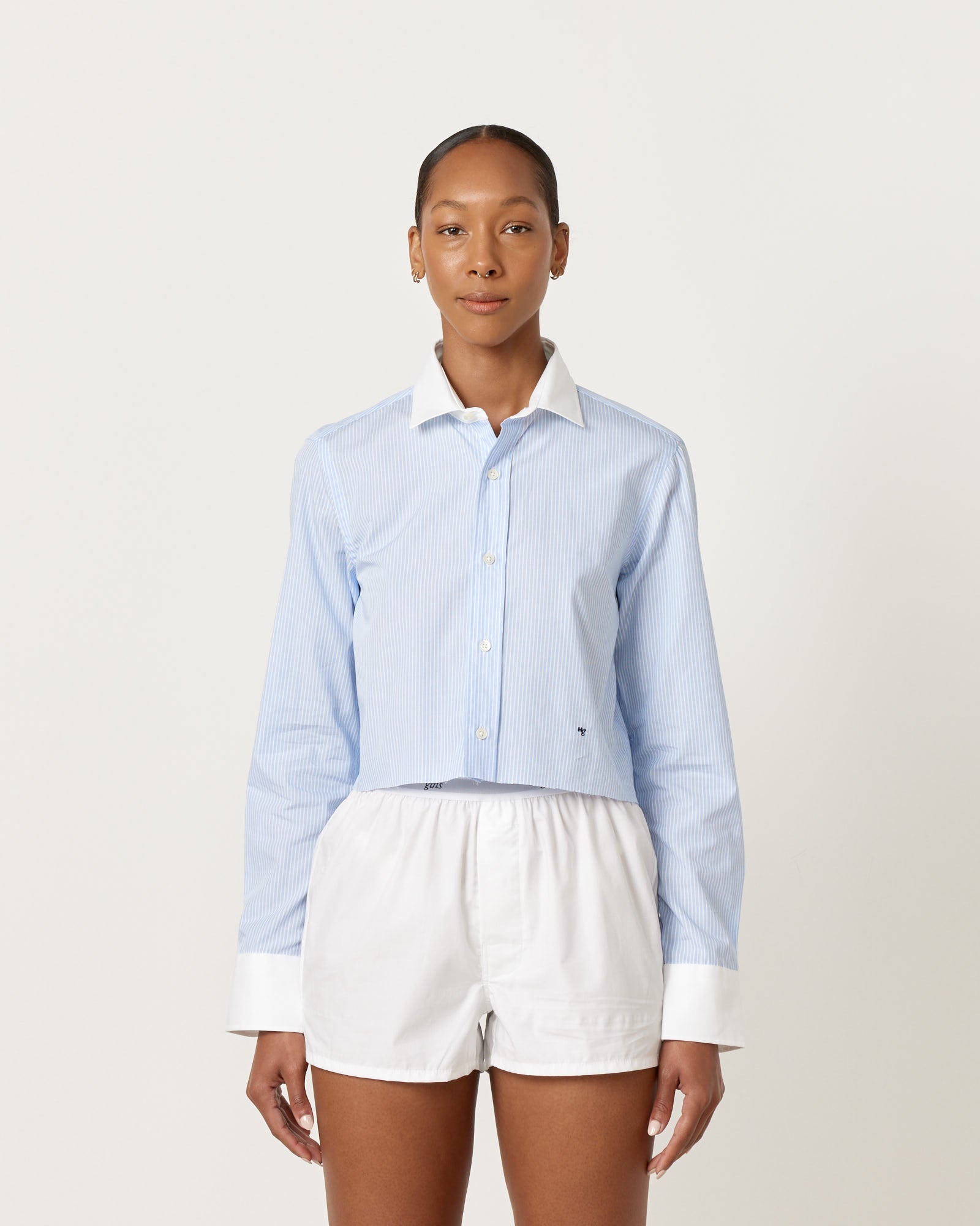 Cropped Contrast Collar Shirt in Ticking Stripe
