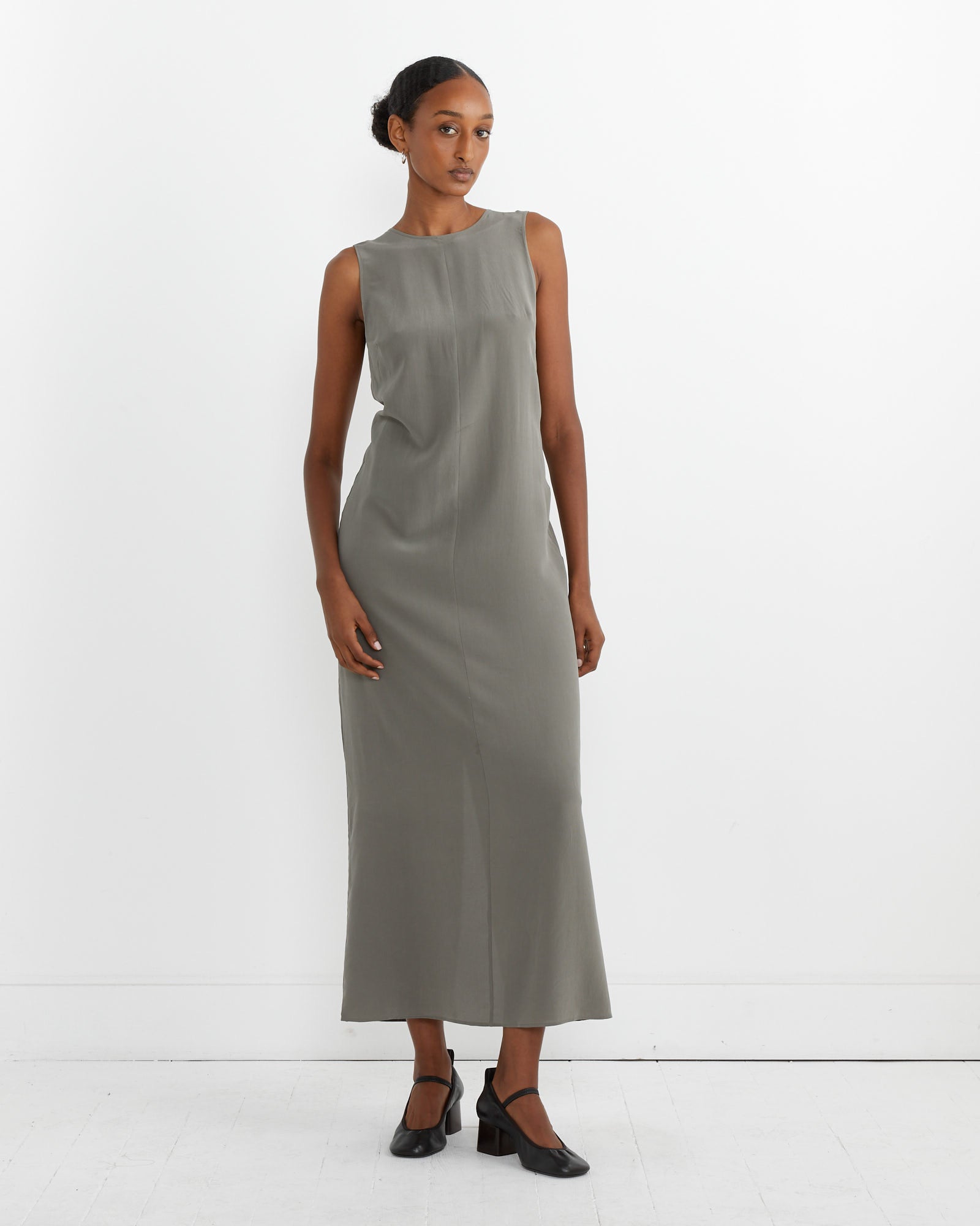 Drawstring Silk Dress in Smokey Olive Drawstring Silk Dress in Smokey Olive
