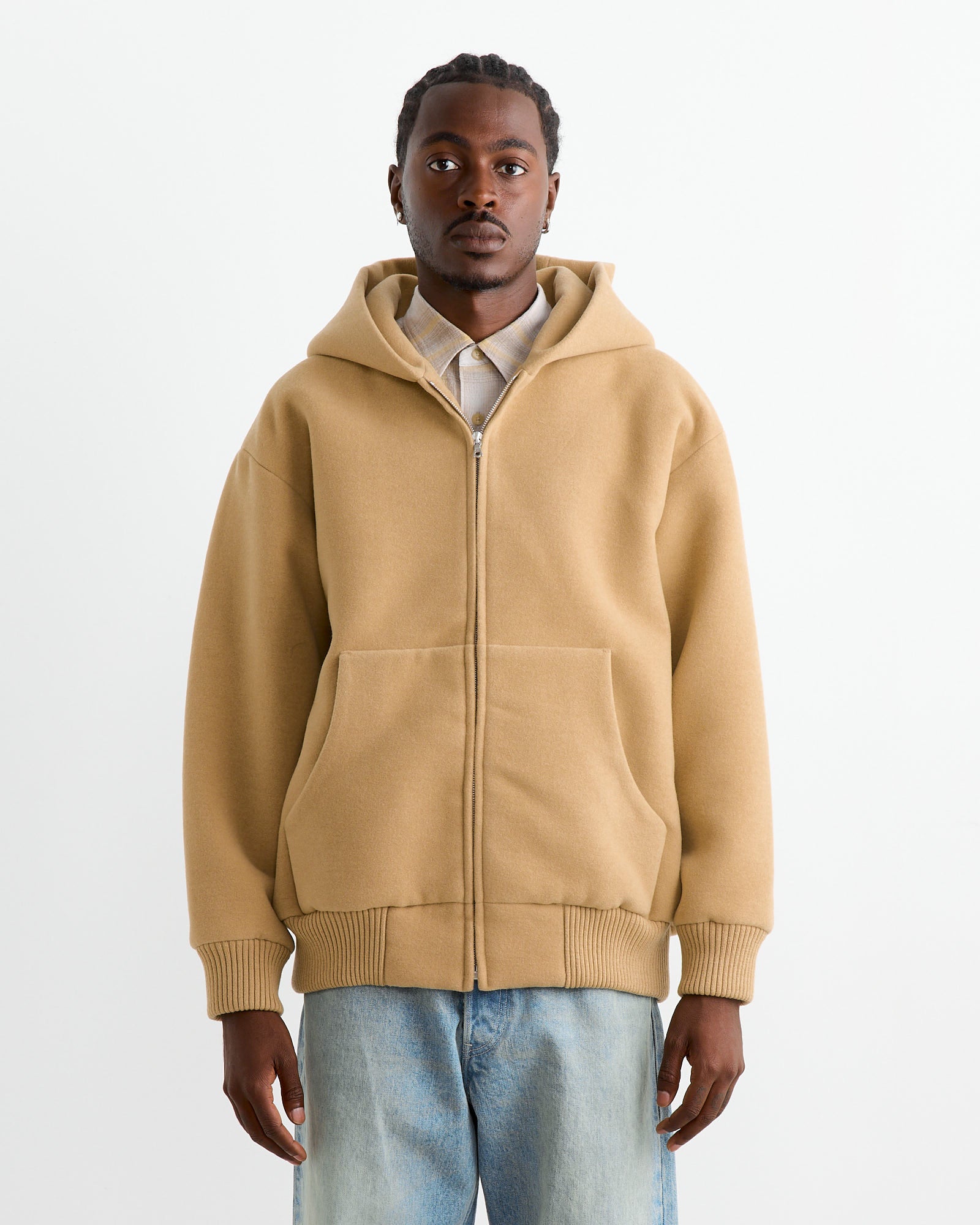 Heavy Wool Pile Zip Hoodie in Beige - Main Image