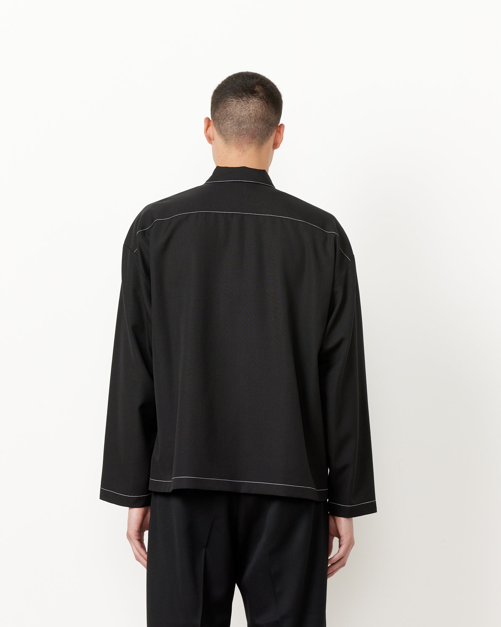 Contrast Stitch Enzo Shirt Tropical Wool in Black