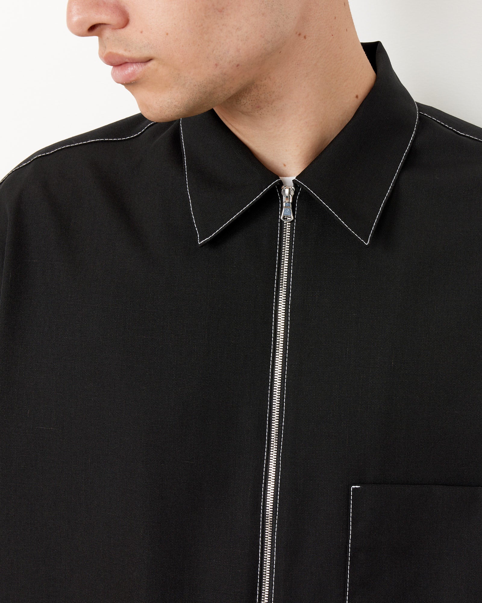 Contrast Stitch Enzo Shirt Tropical Wool in Black