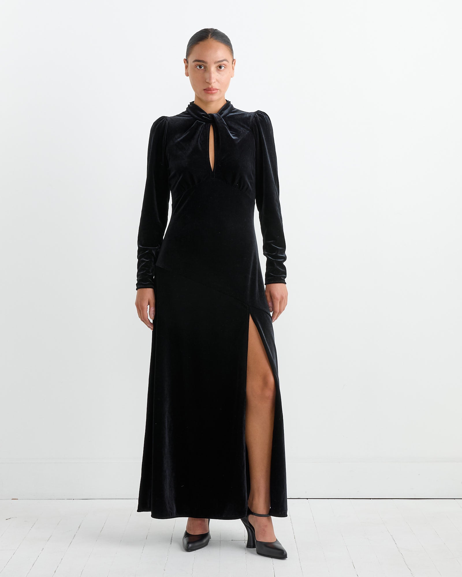 Velvet Gathered Long Dress in Black Velvet Gathered Long Dress in Black