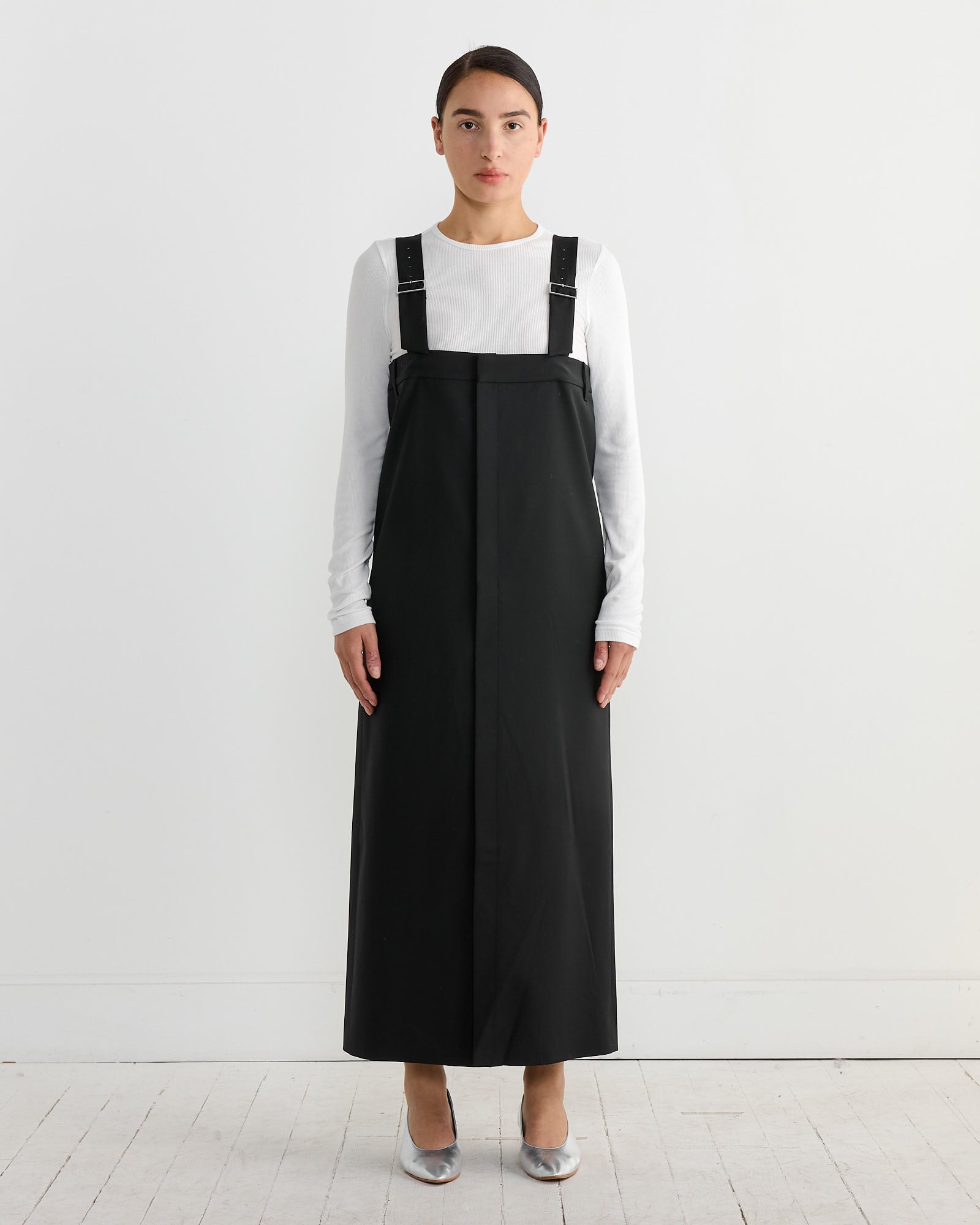 Tropical Wool Convertible Overall Skirt in Black Tropical Wool Convertible Overall Skirt in Black