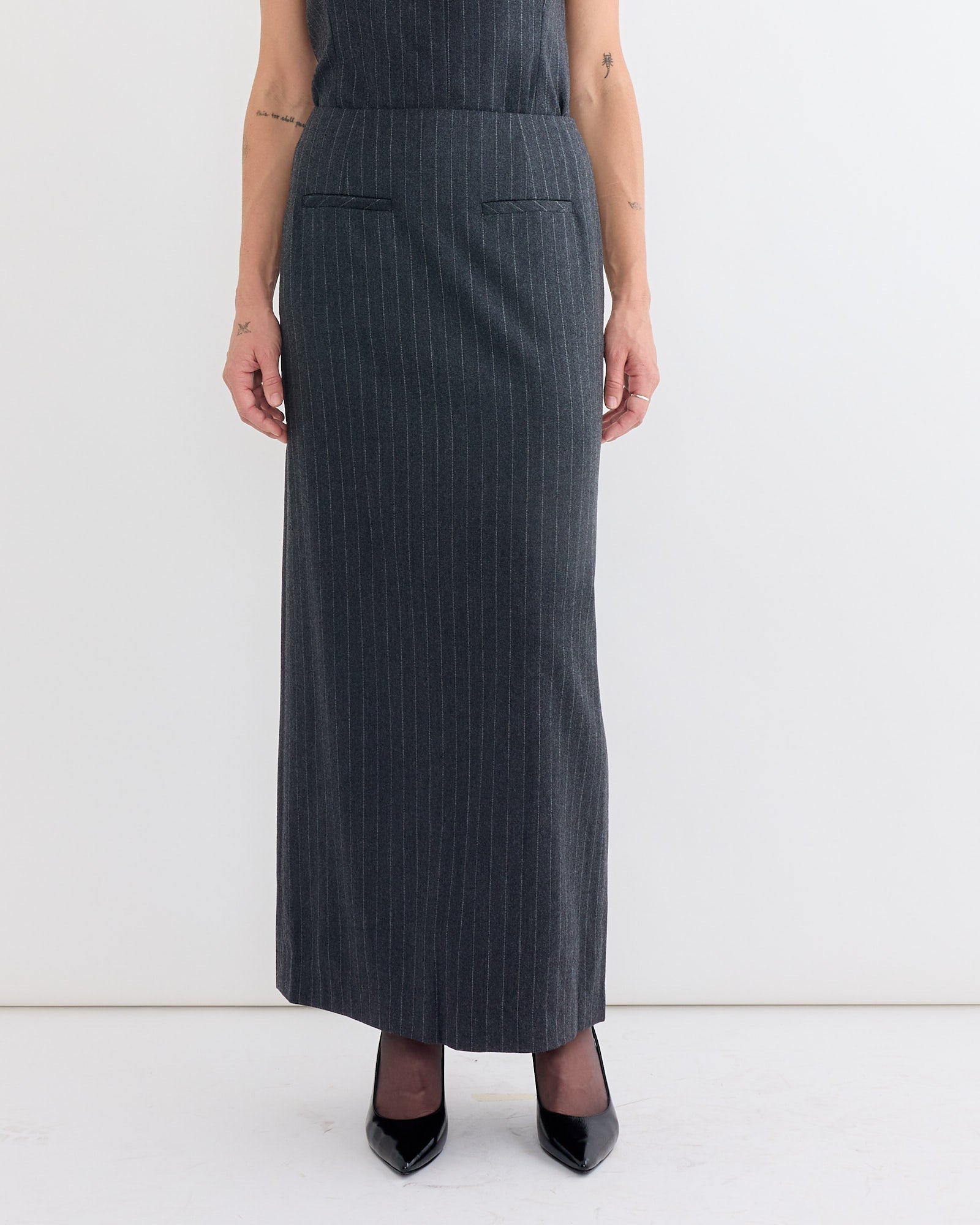 Wool Maxi Long Skirt in Stripe