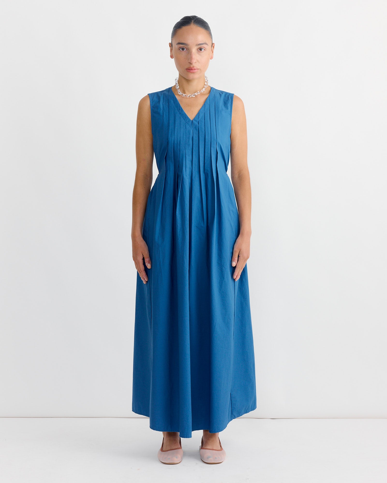 Pleated V-Neck Dress in Blue Pleated V-Neck Dress in Blue