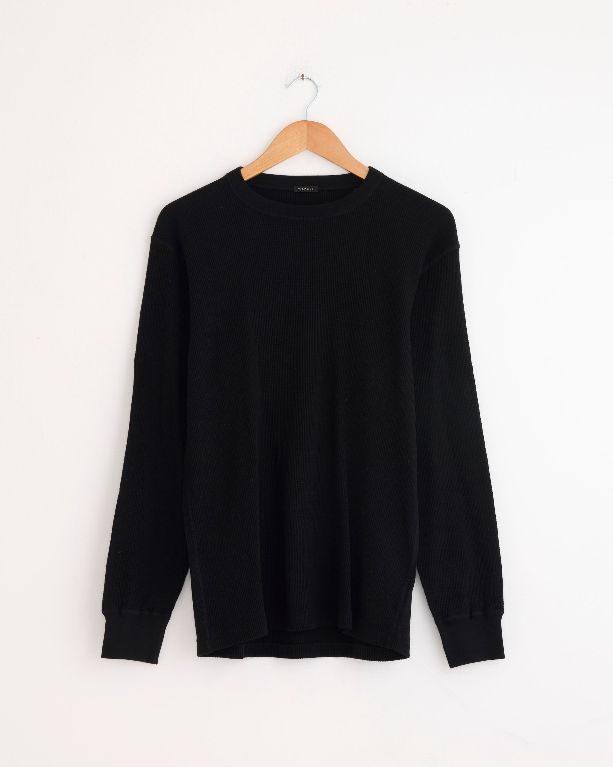 Cotton Cashmere Waffle L/S Crew in Black