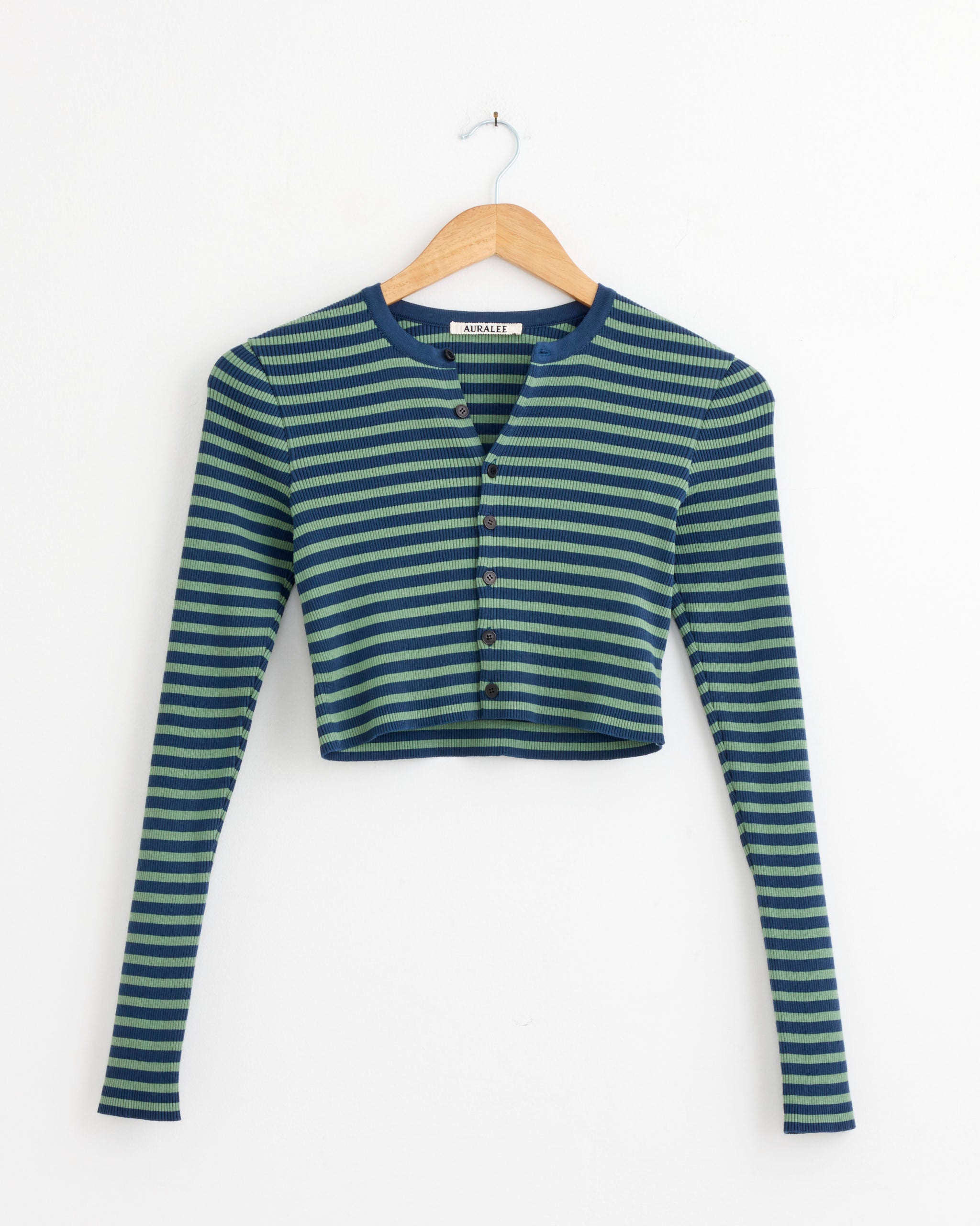 Cropped Crewneck Cardigan in Pale Green/Navy Stripe