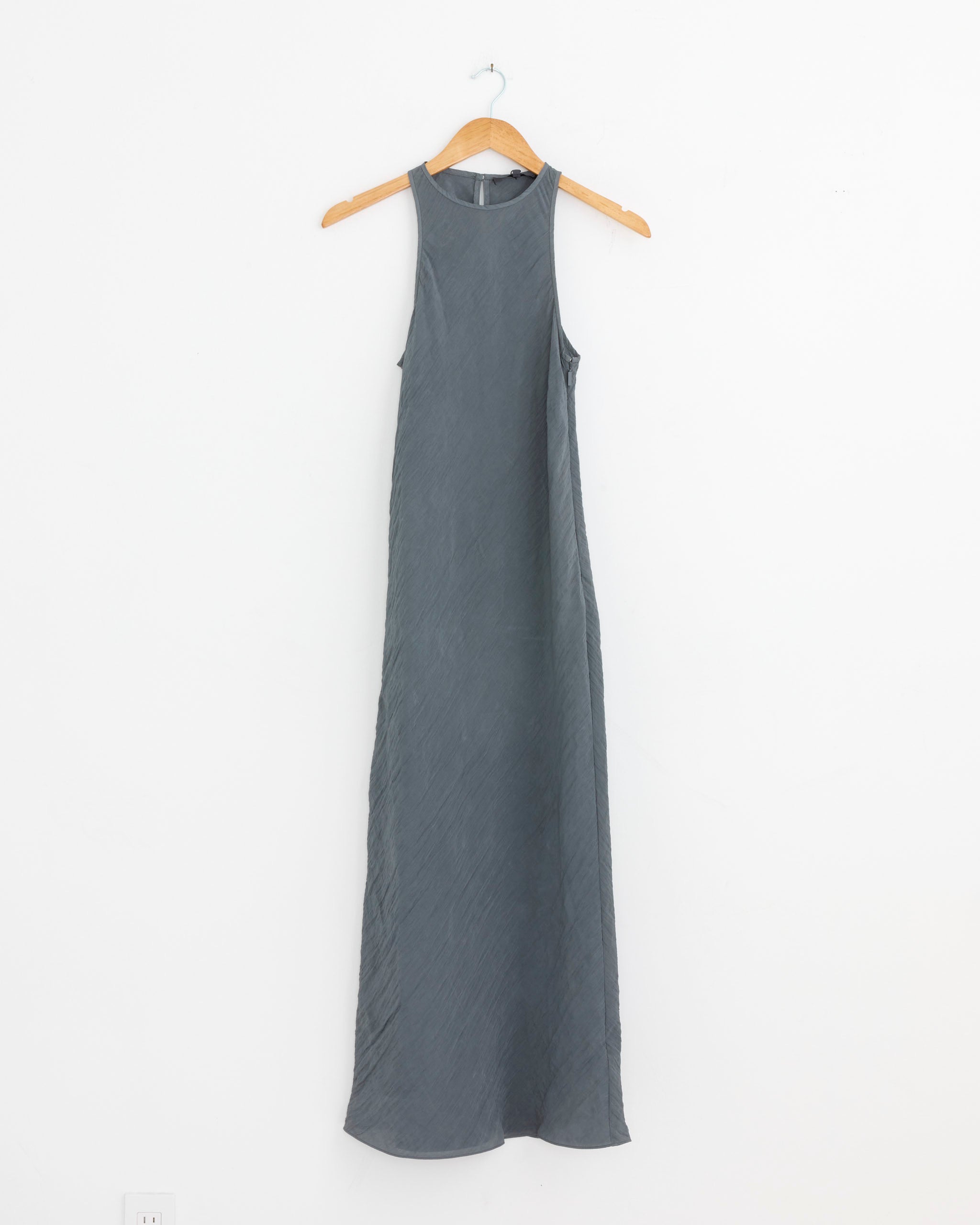 The Crinkle Slip Midi Bias Dress in Dark Grey