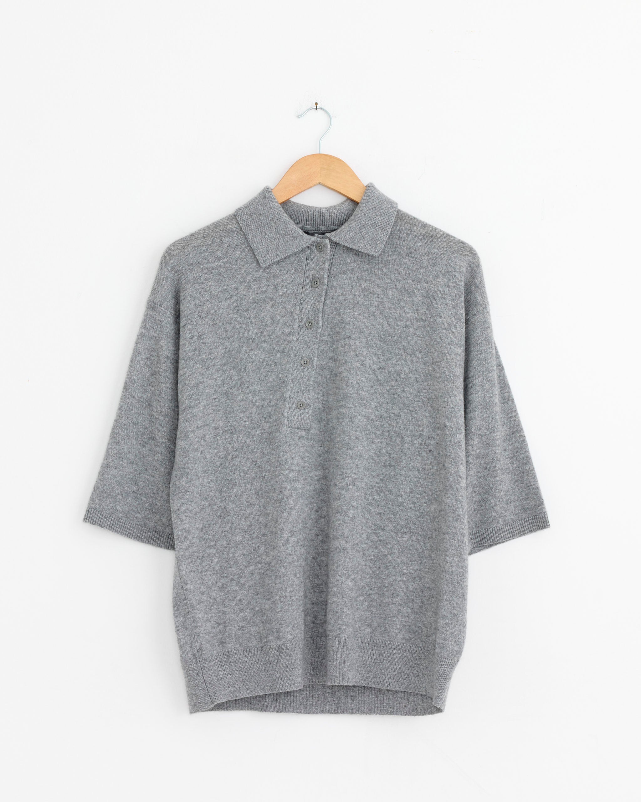 Washable Cashmere Oversized Easy Polo in Heather Grey