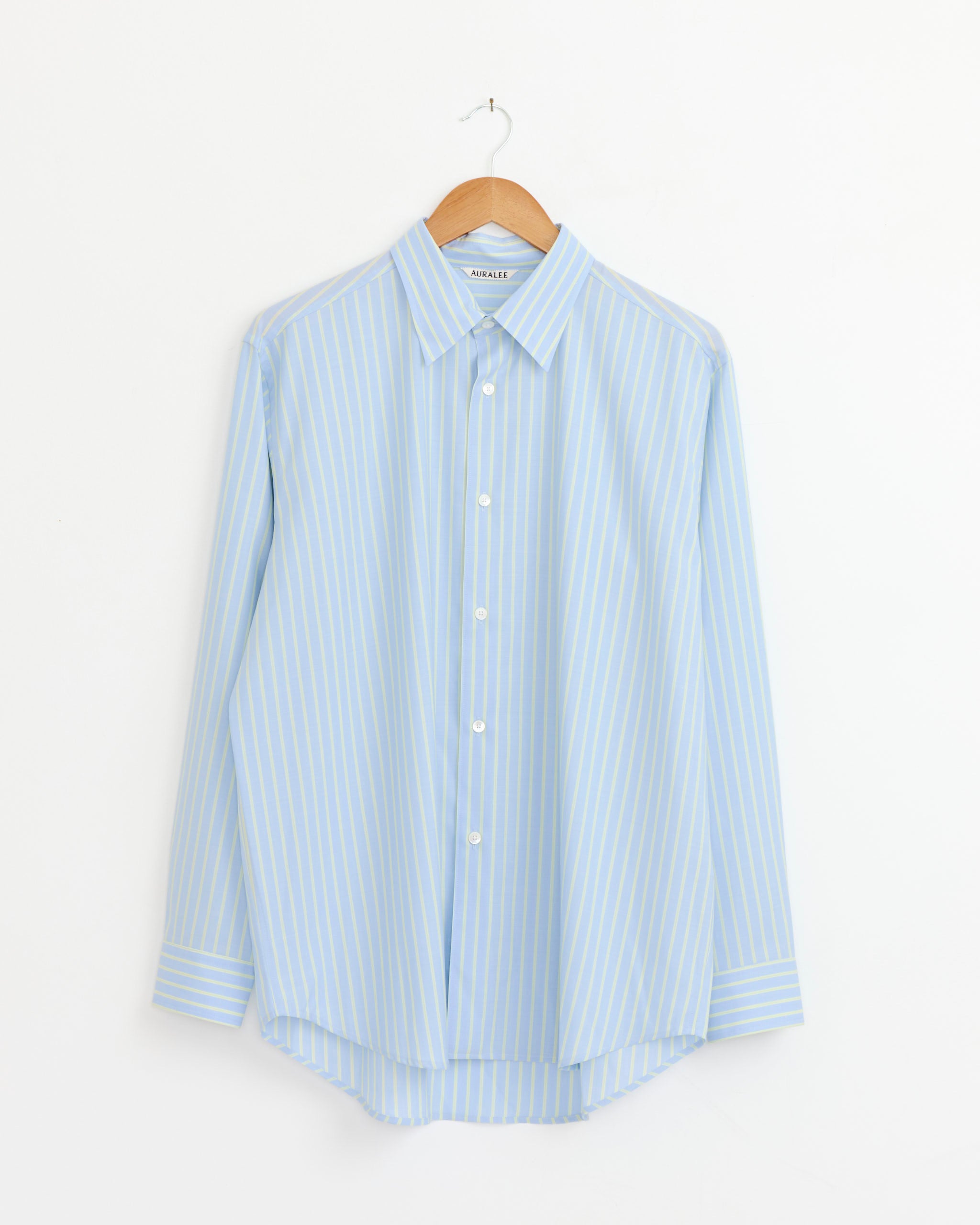 Super Fine Wool Stripe Shirt in Sax Blue Lime