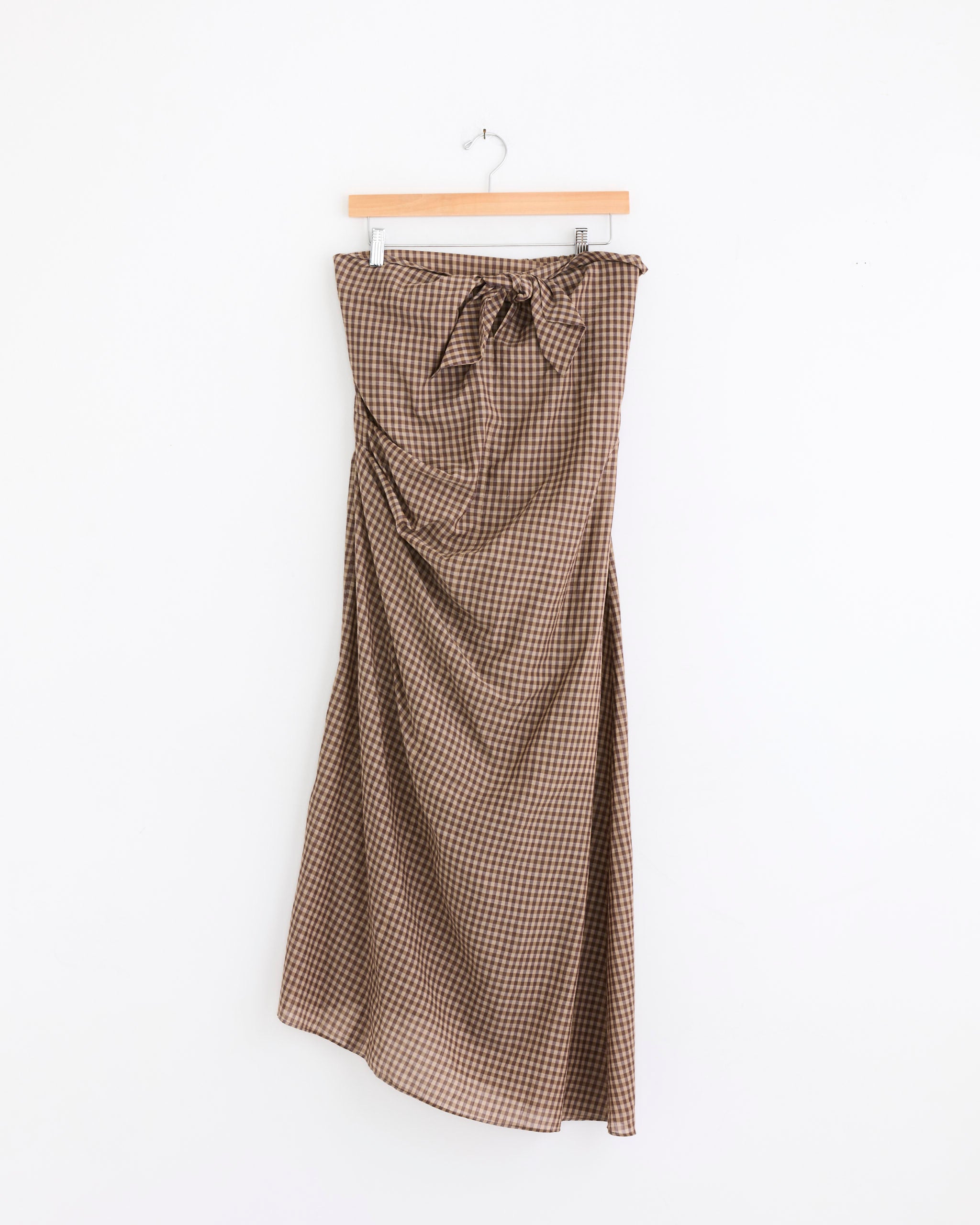 Light Cotton Strapless Dress in Brown Gingham Check
