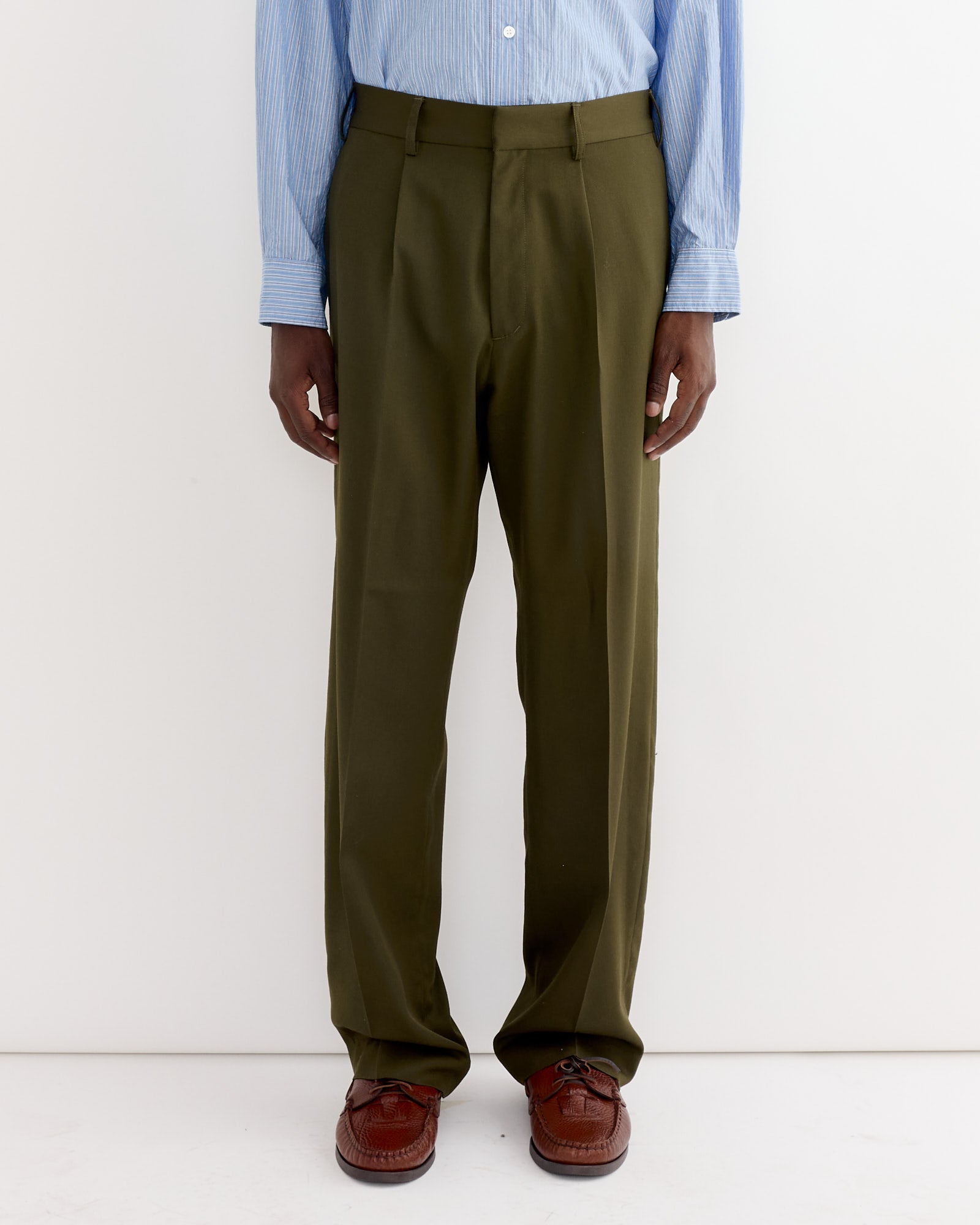 slim fit dress slacks West Coast Pant in Wool Gabardine Moss