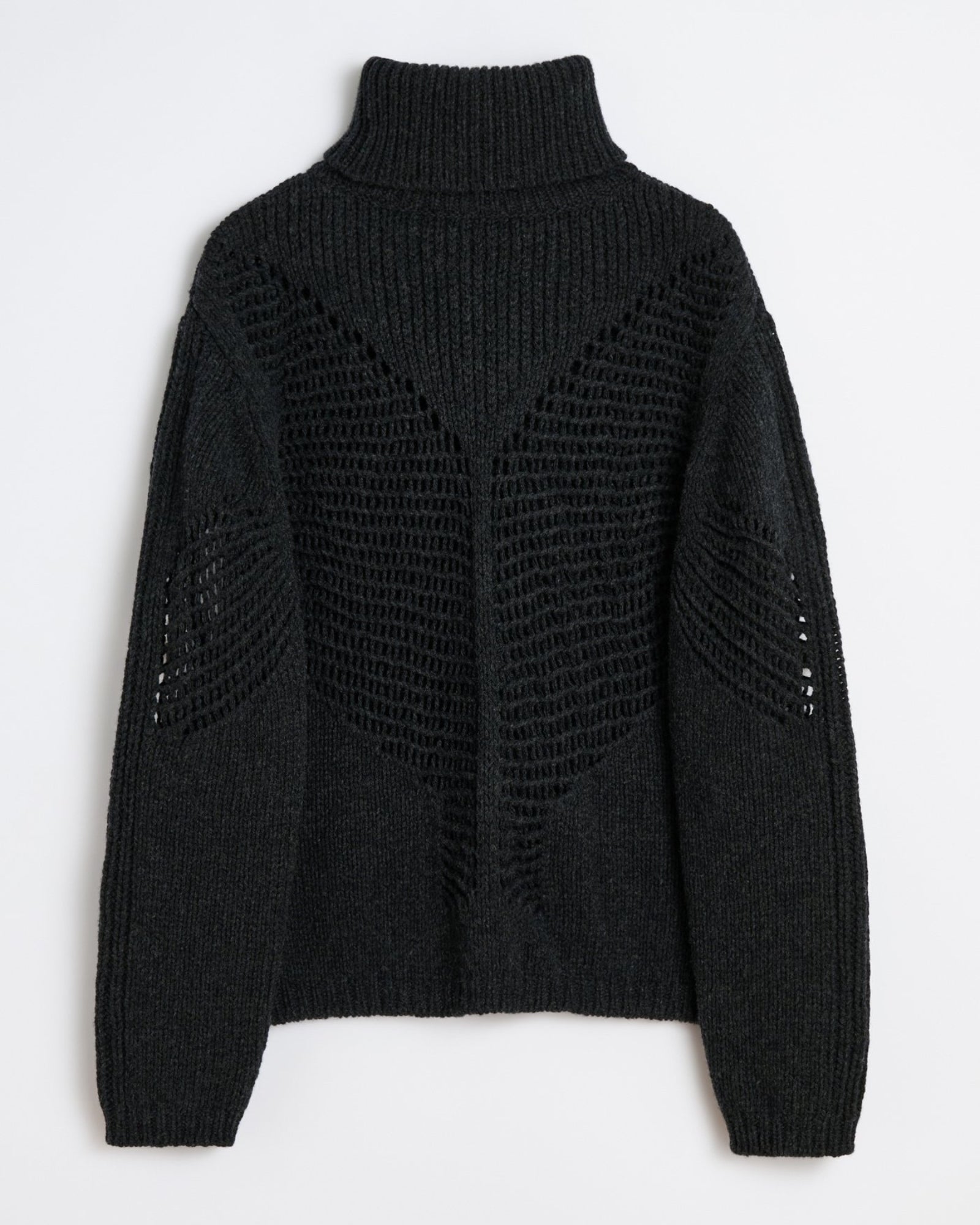 Our Legacy's Cage Rollneck in Charcoal Low Twist Merino, crafted from extrafine merino wool with a textured open-knit back and sleeves, is shown laid flat on a white surface.