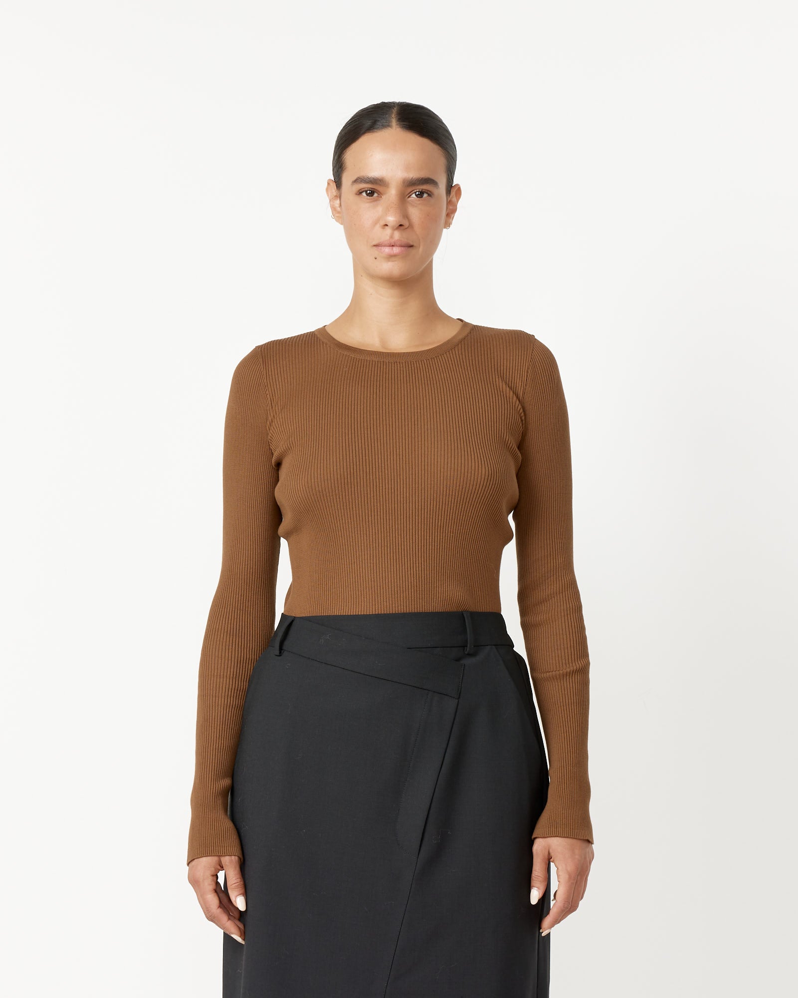 Giza Rib Knit Pullover in Brown