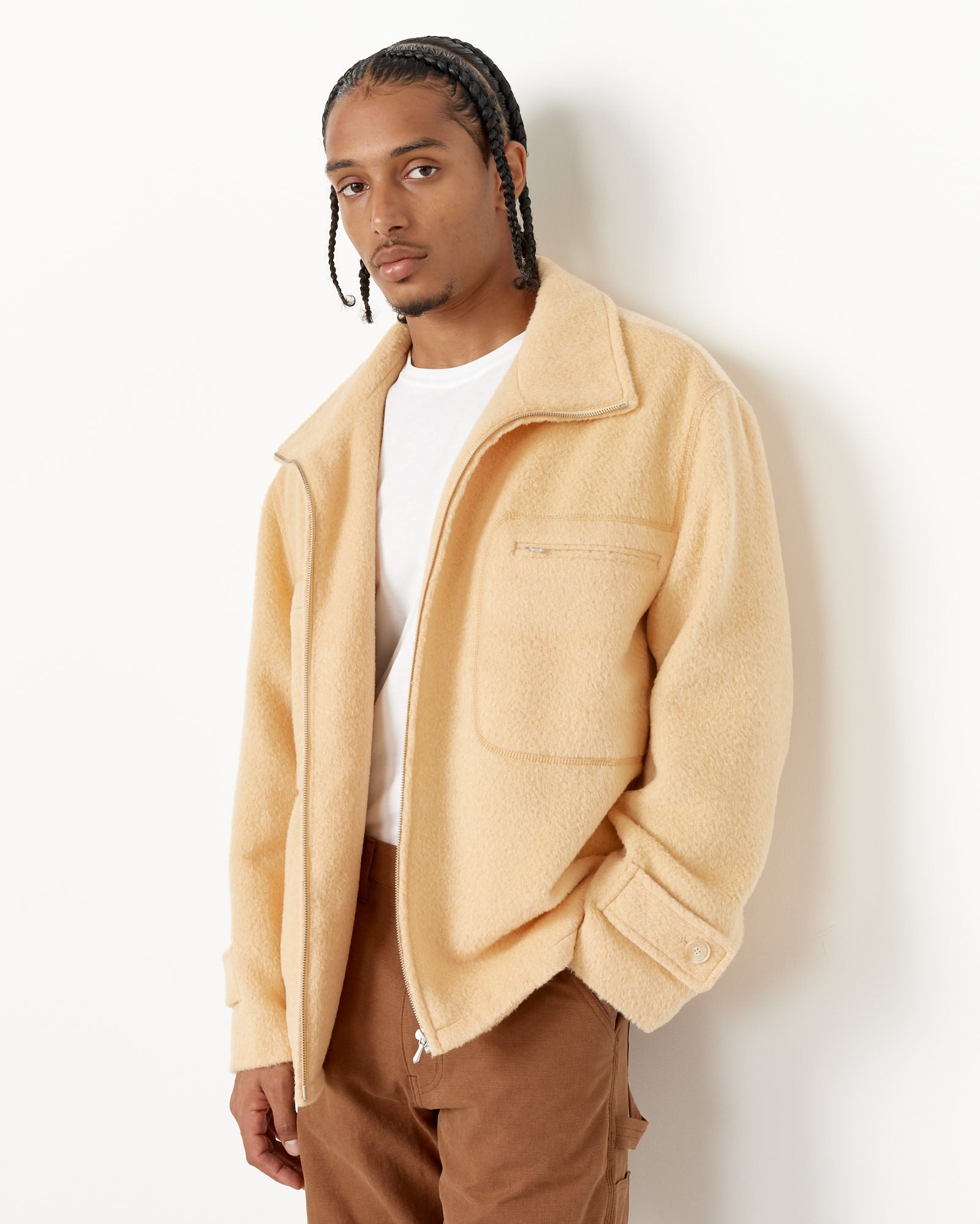 Brushed Mohair Jacquard Zip Blouson in Dark Brown in Yellow