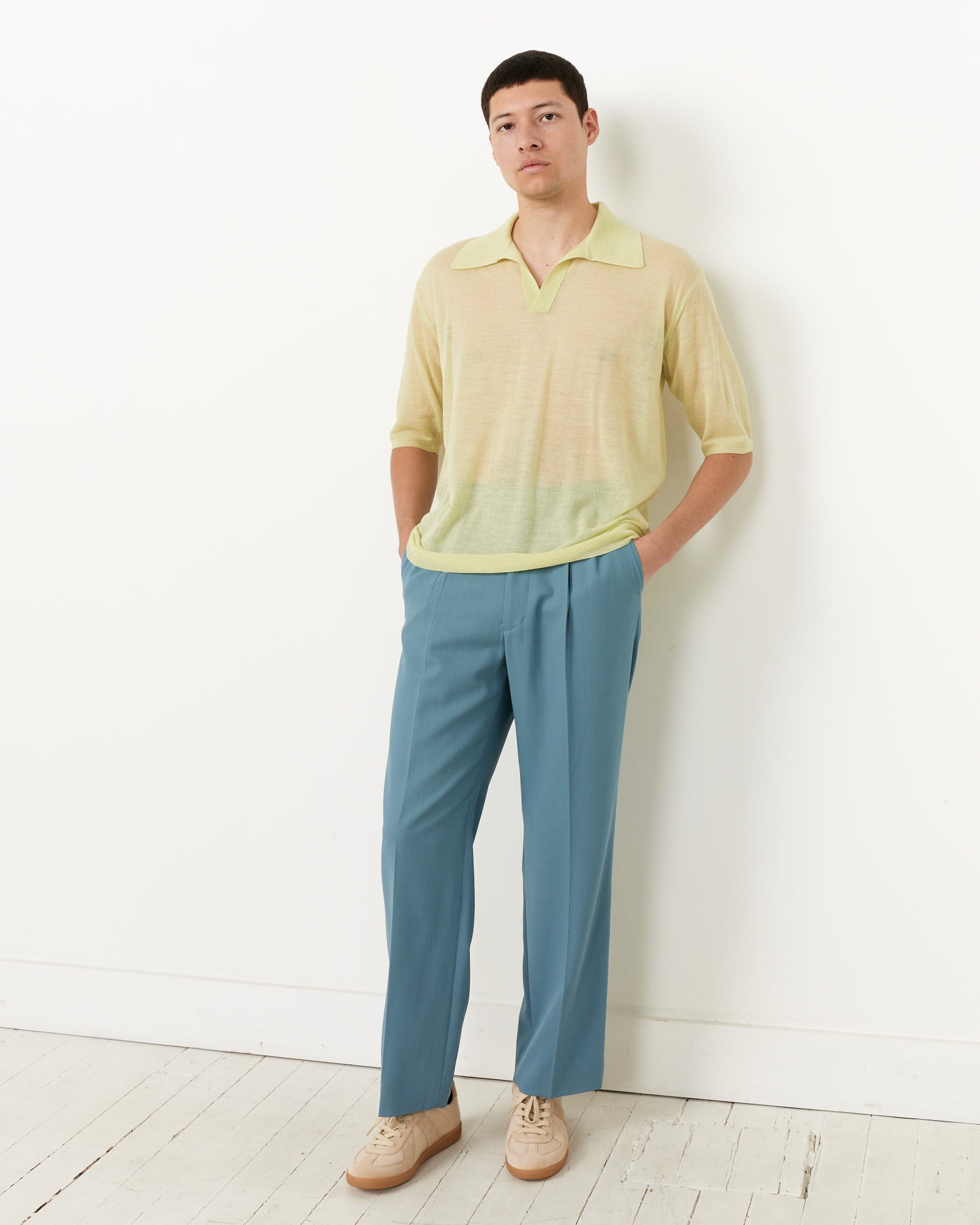 Silk Knit Skipper Polo in Lime Yellow