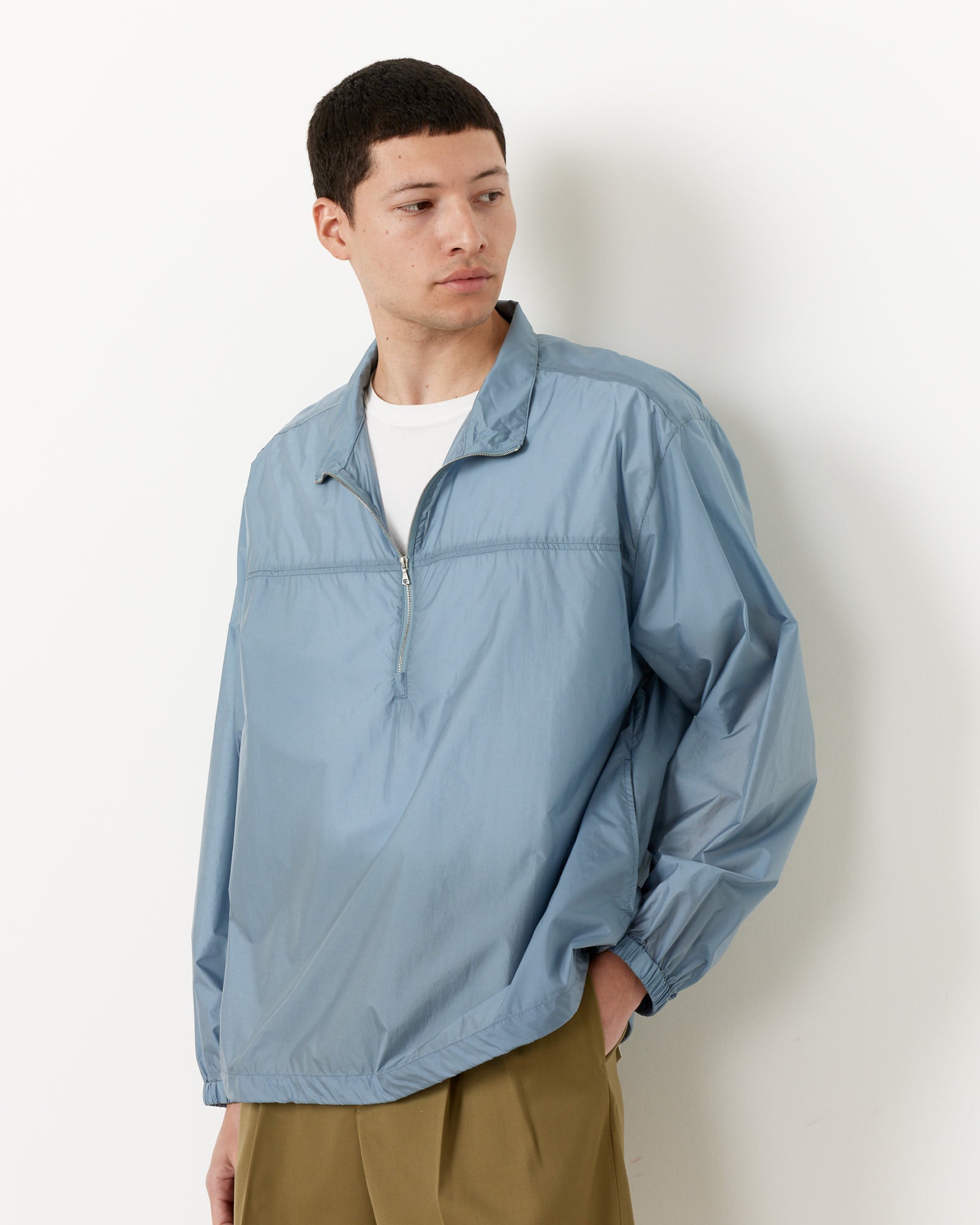 Light Nylon Half Zip Pullover in Blue Grey