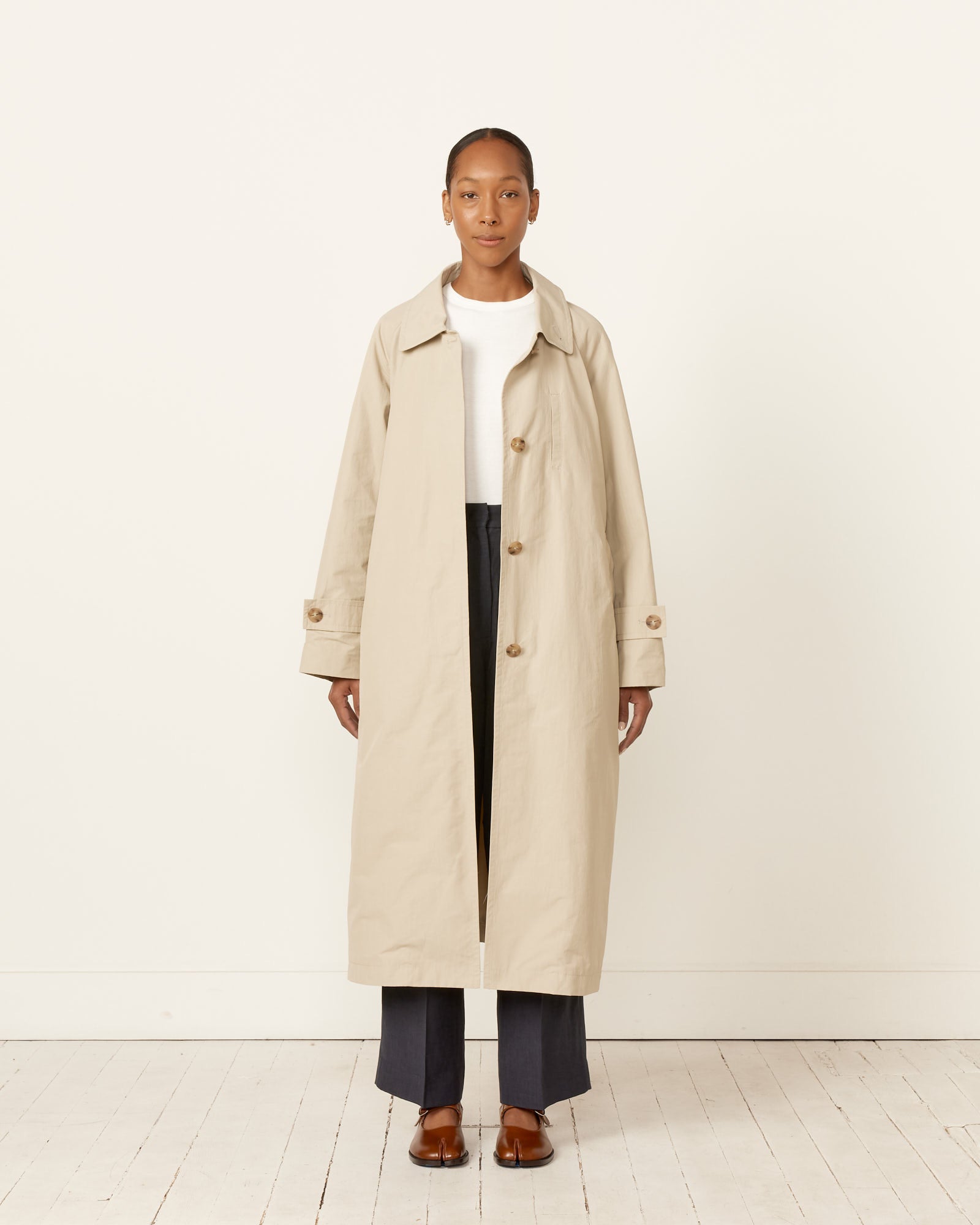 Cotton Blend Long Trench in Stone
