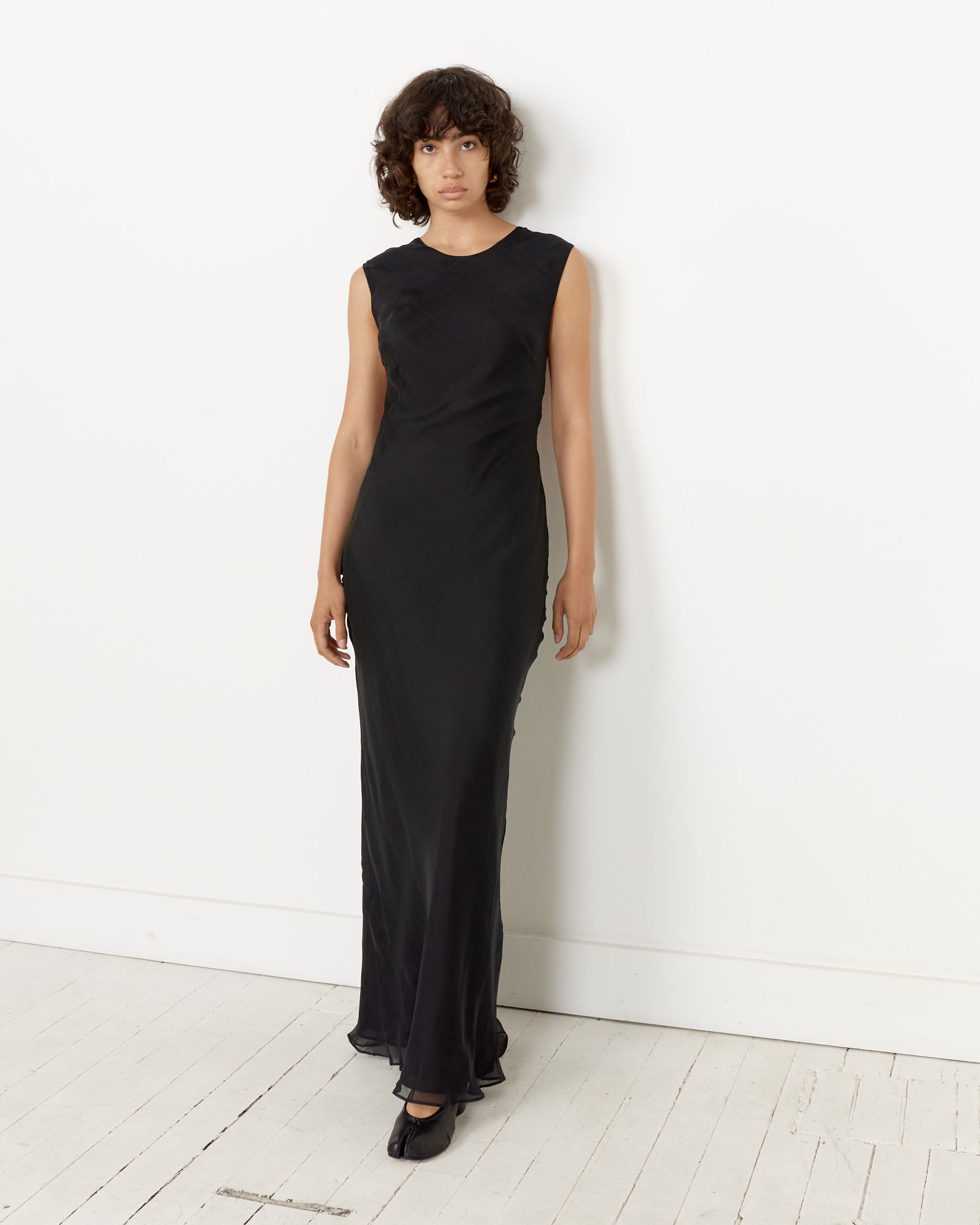 black pinstripe dress Pinstripe Silk Maxi Dress in Black