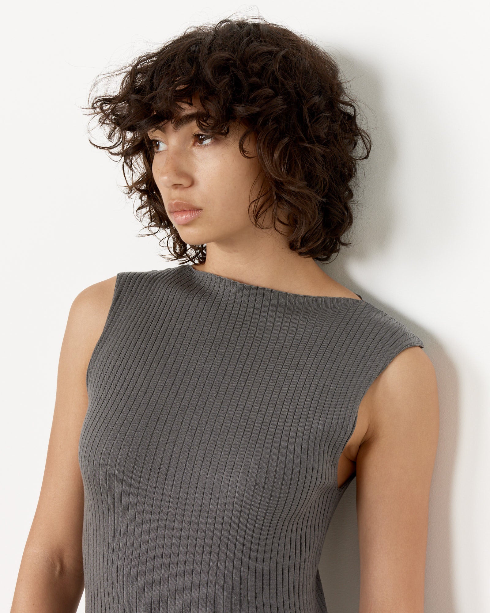 Cut Away Knit Dress in Stone Grey Cut Away Knit Dress in Stone Grey