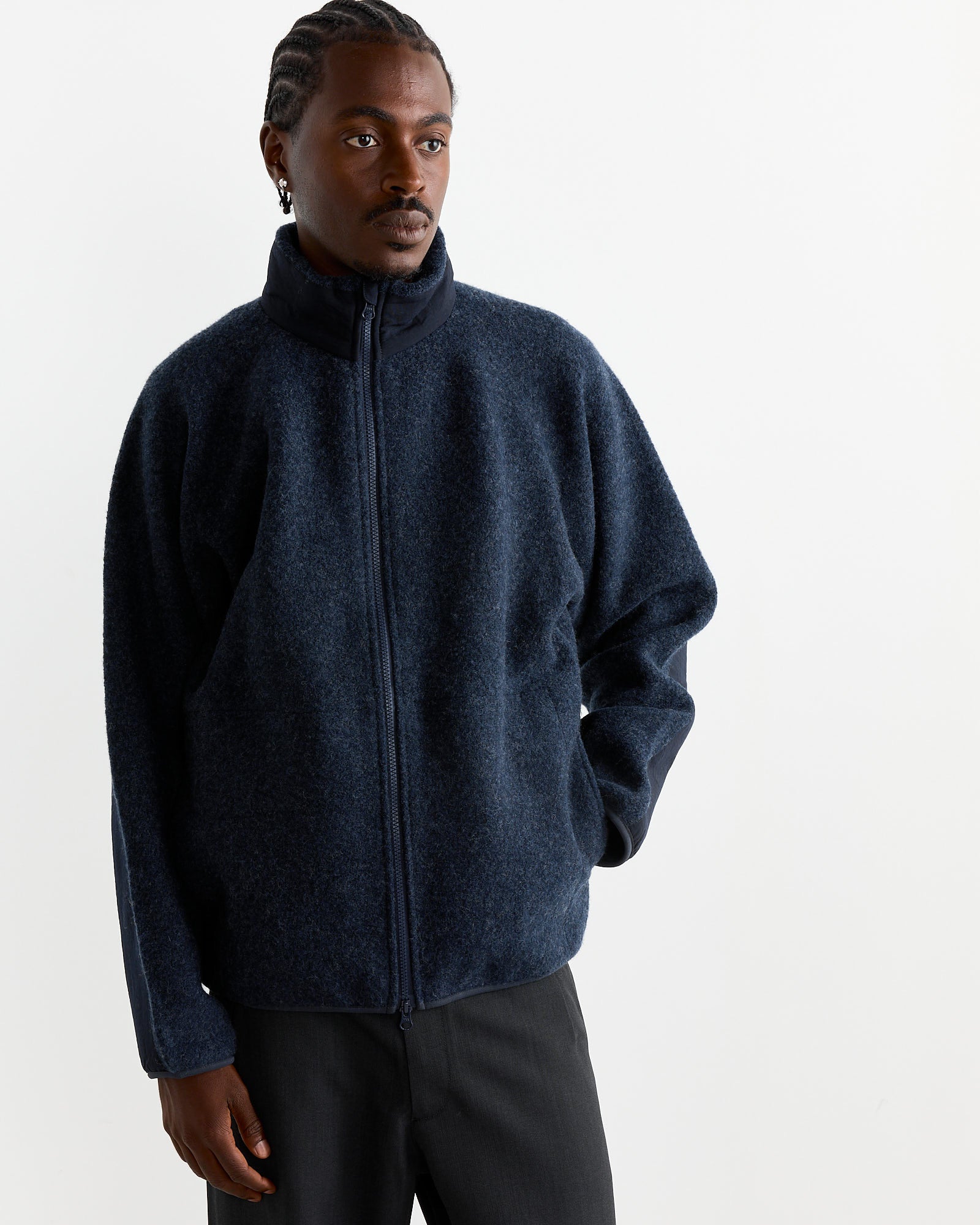 Boiled Wool Zip Up Sweater in Navy