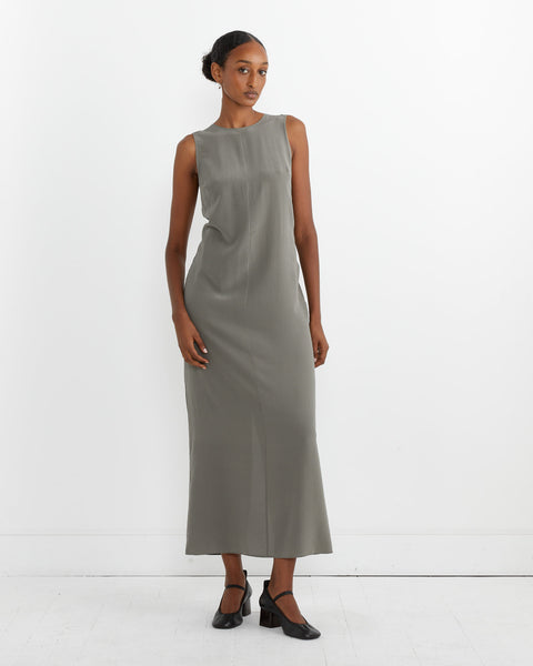 Drawstring Silk Dress in Smokey Olive