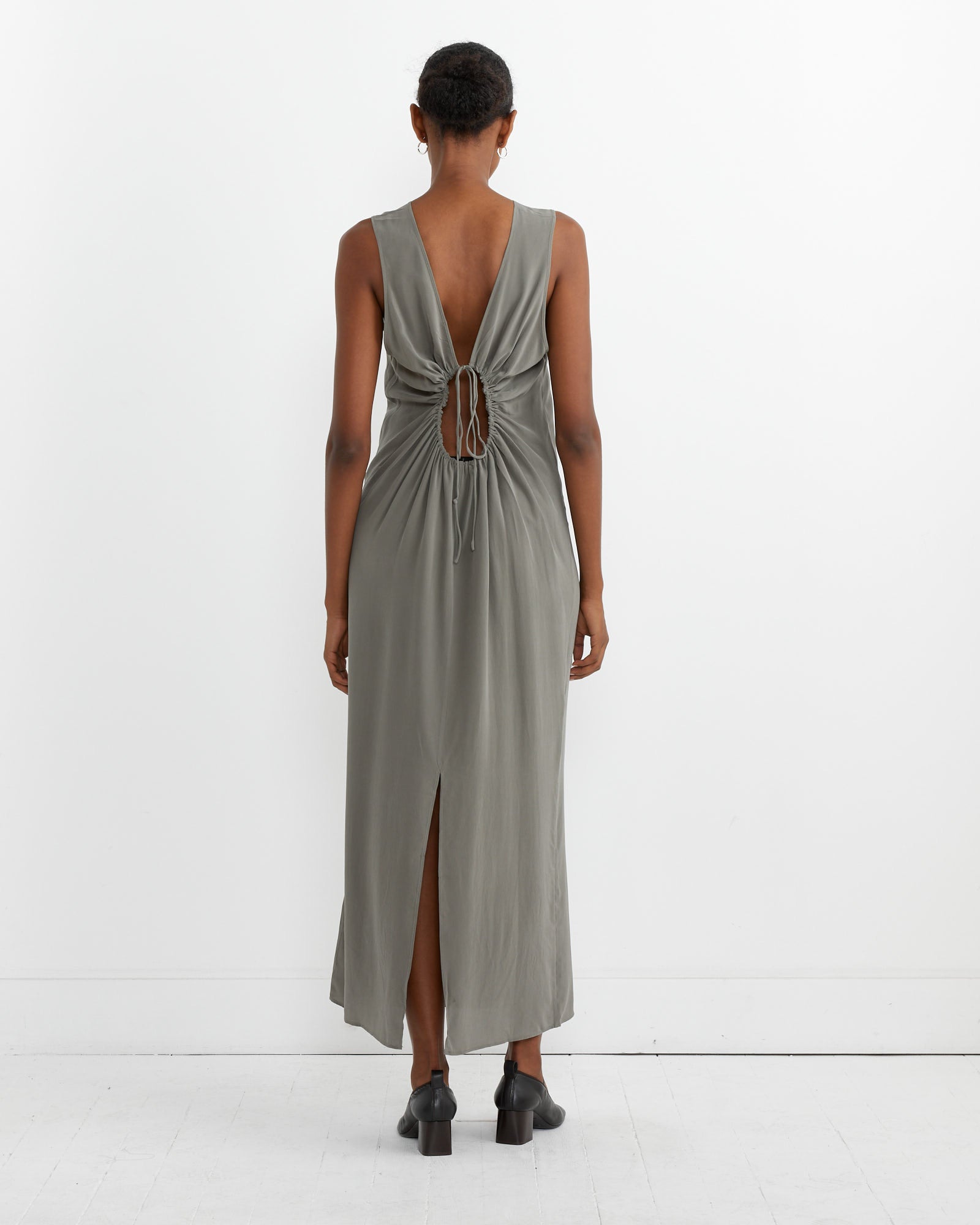 Drawstring Silk Dress in Smokey Olive Drawstring Silk Dress in Smokey Olive