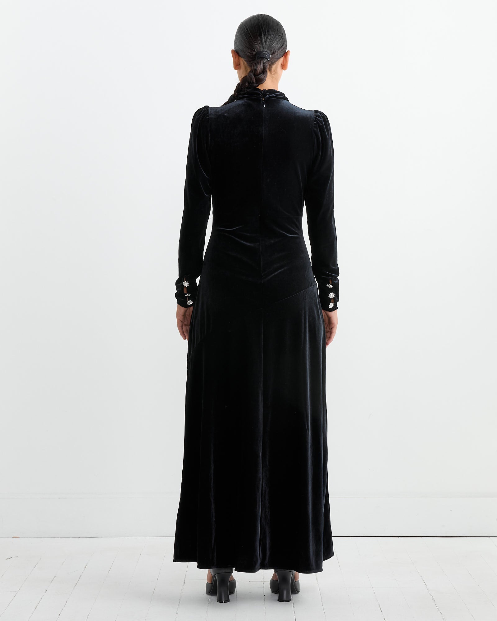 Velvet Gathered Long Dress in Black Velvet Gathered Long Dress in Black