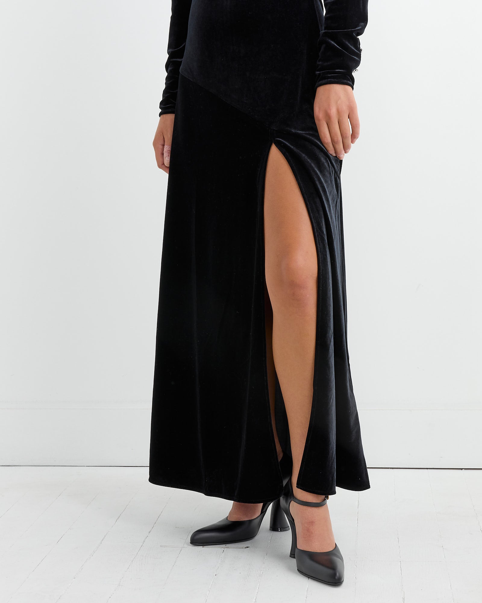 Velvet Gathered Long Dress in Black Velvet Gathered Long Dress in Black