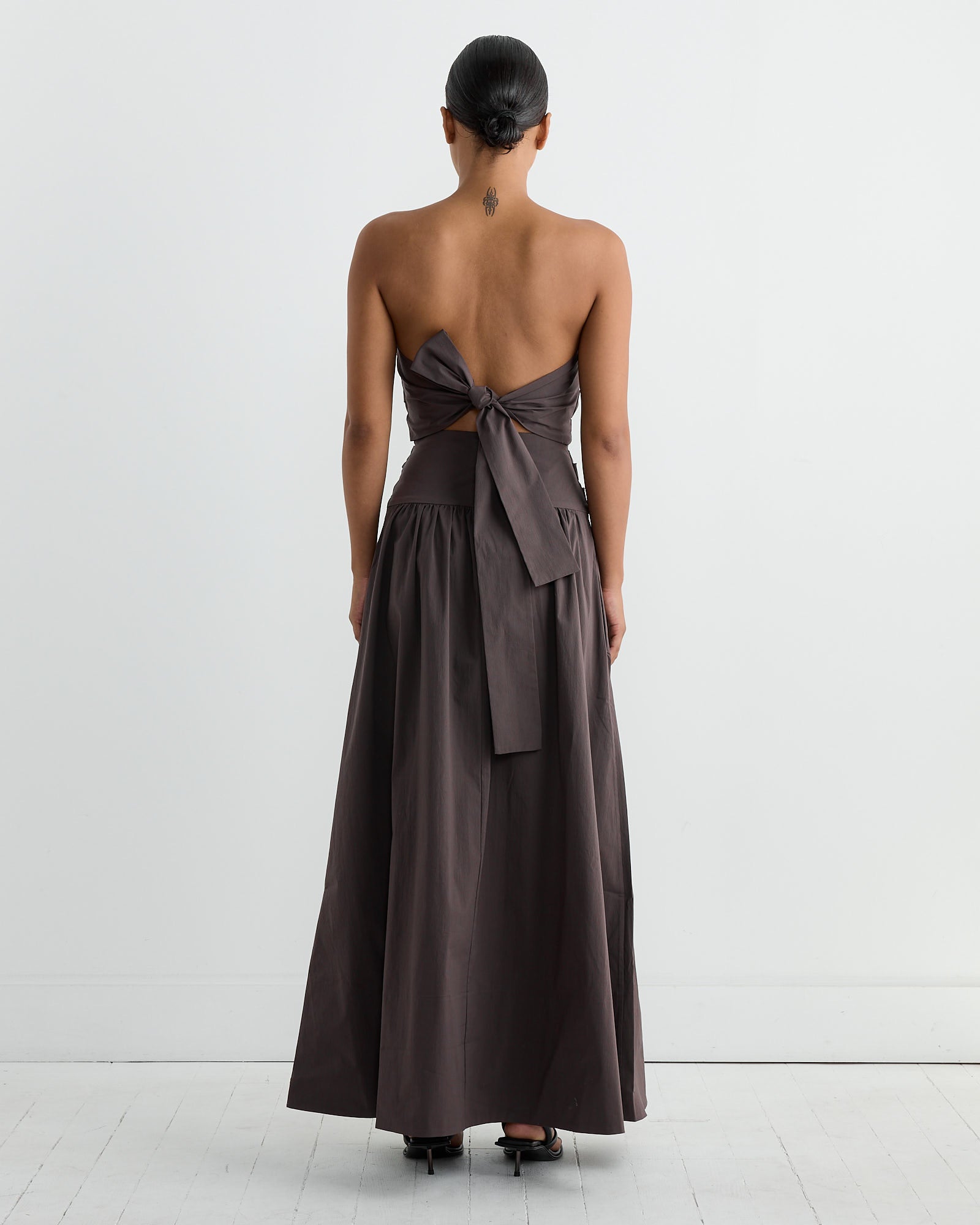 Gathered Strapless Tie Back Dress in Chocolate Plum Gathered Strapless Tie Back Dress in Chocolate Plum