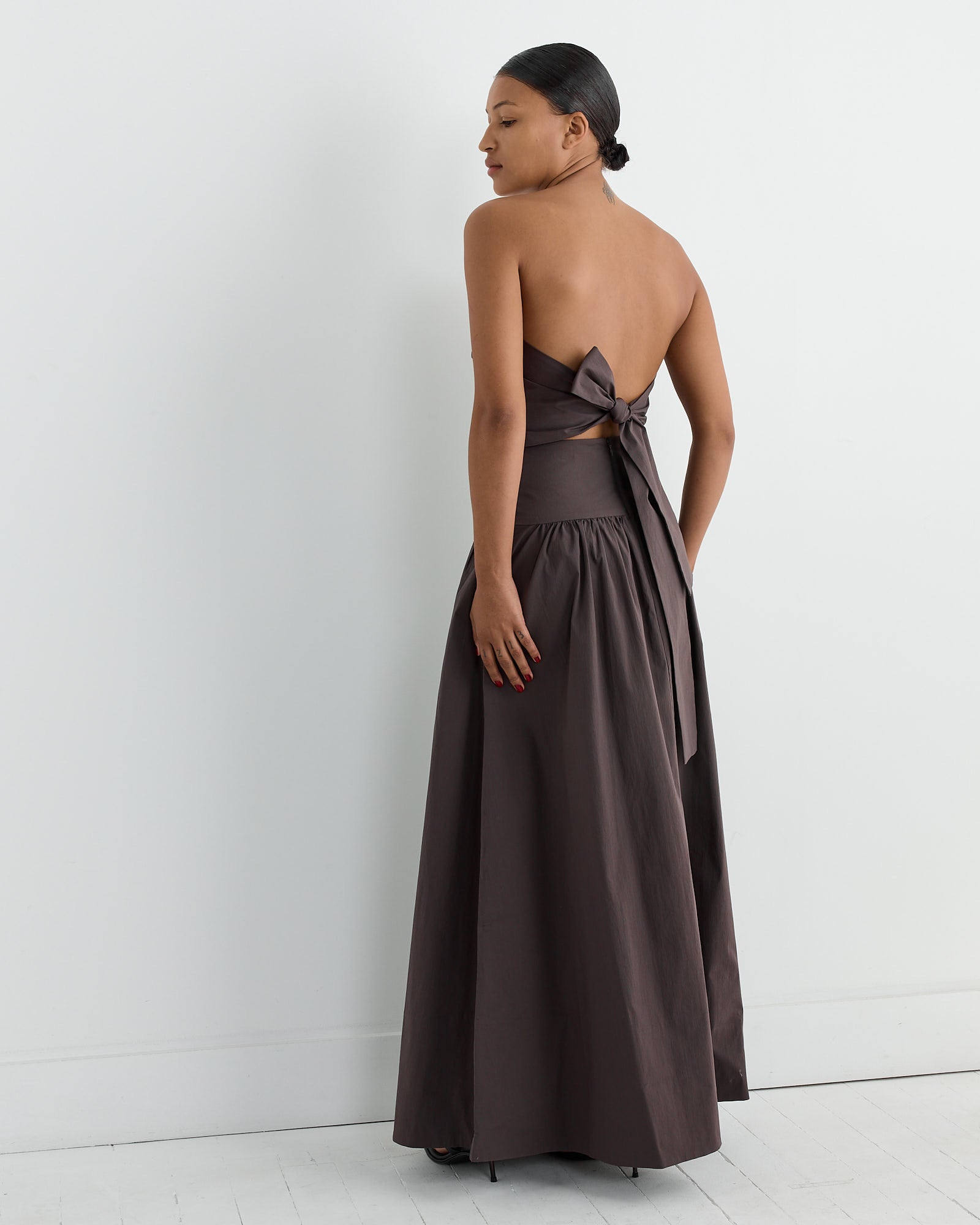 st agni brown dress St. Agni Strapless Rouleau Dress