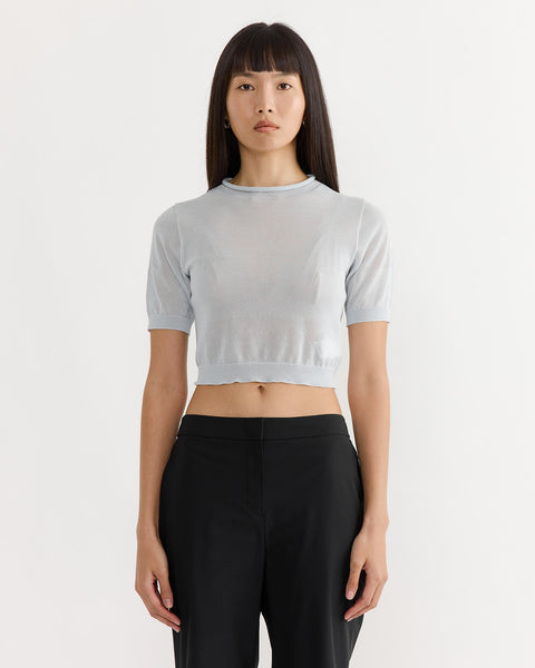 AMOMENTO (アモーメント) SHEER VOLUME CROP TOP グレー FREE Sheer Cropped Knit in Blue