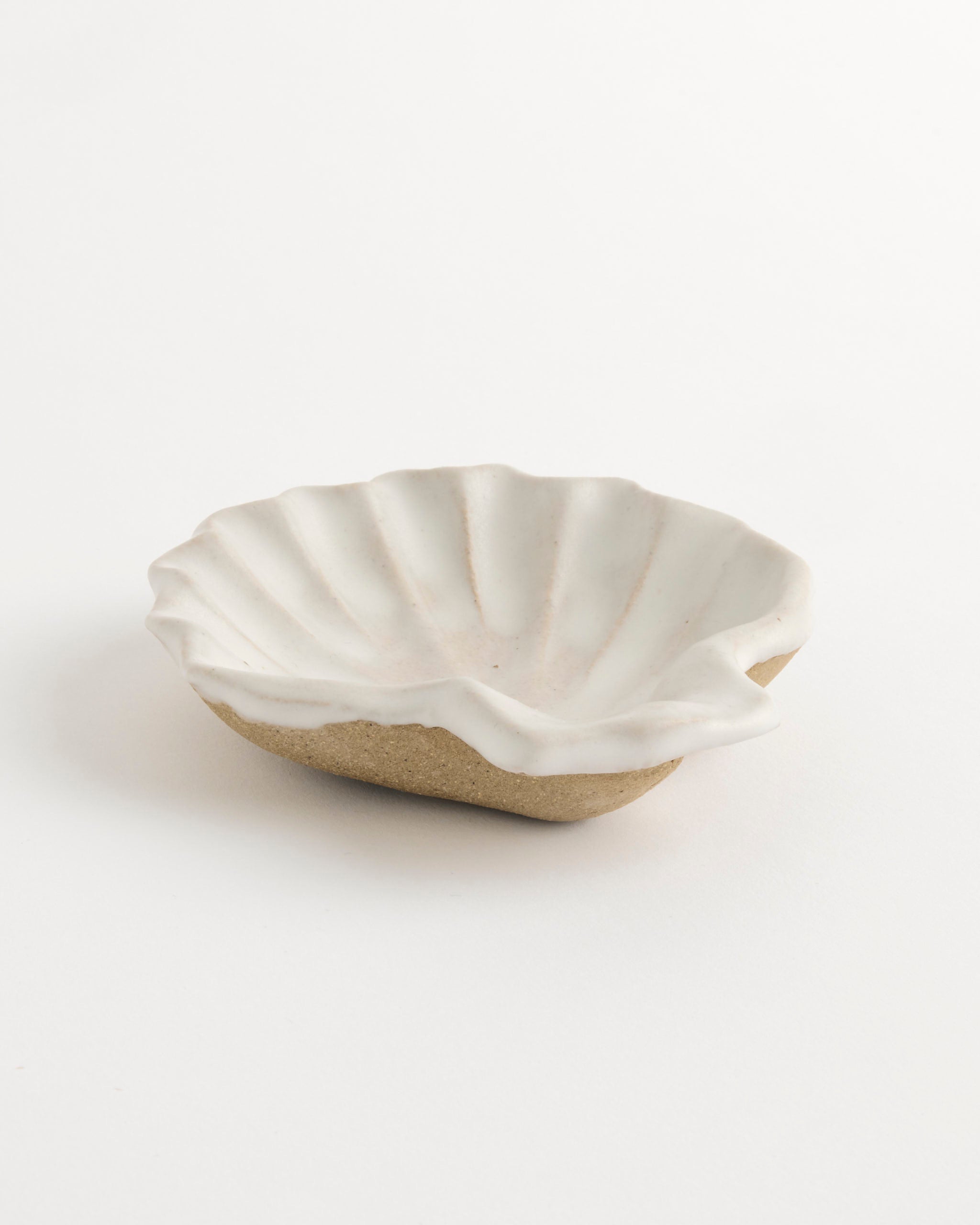 The Ariel Shell by Beau Rush Ceramics is a small, shallow ceramic dish with scalloped edges and a shell-inspired design. Its glazed white upper contrasts with an unglazed beige base, displayed on a plain white background.