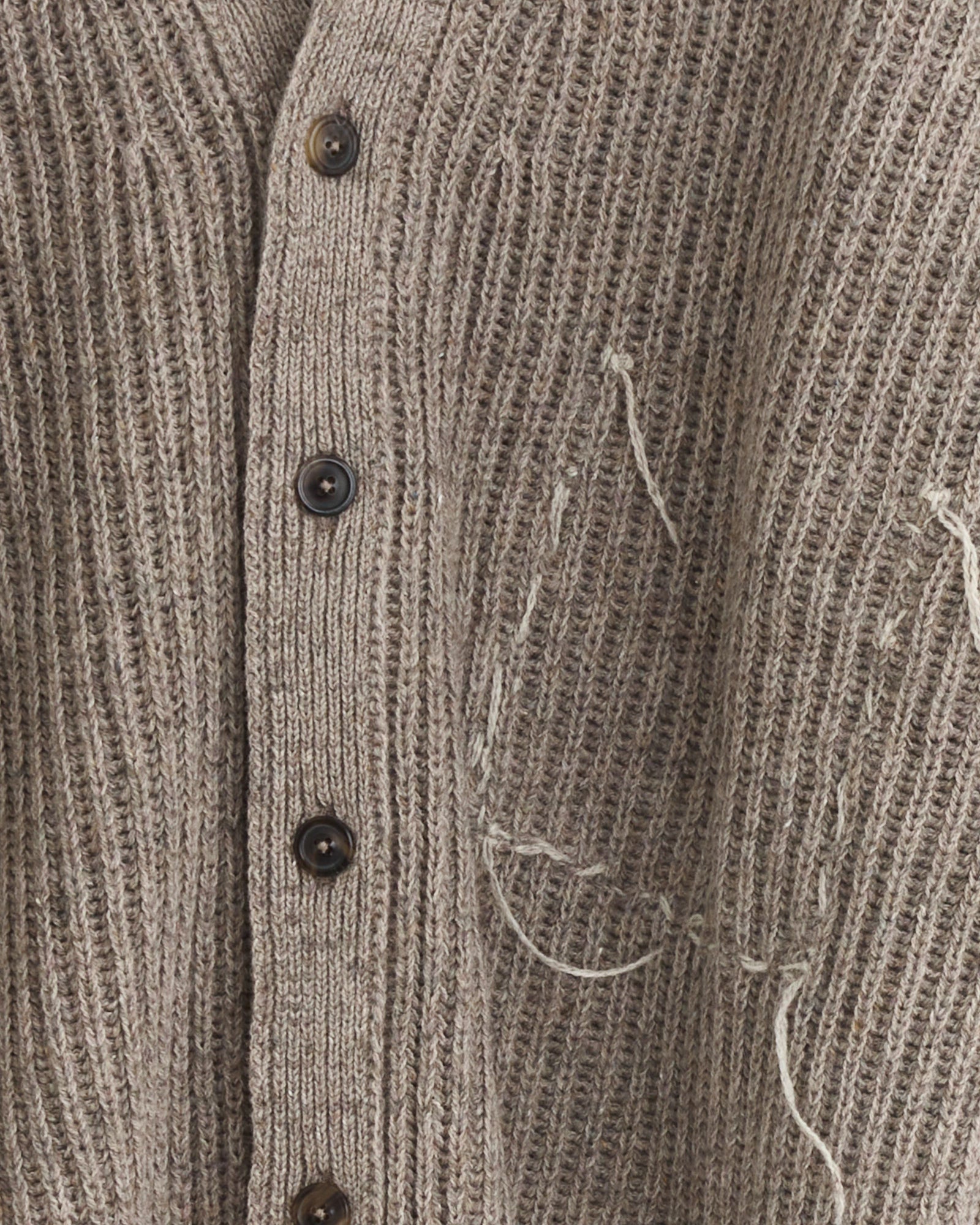Close-up of the Maison Margiela Cardigan in Brown, featuring ribbed wool-cotton knit, dark buttons, and an unfinished pocket with visible loose threads and rough stitching.