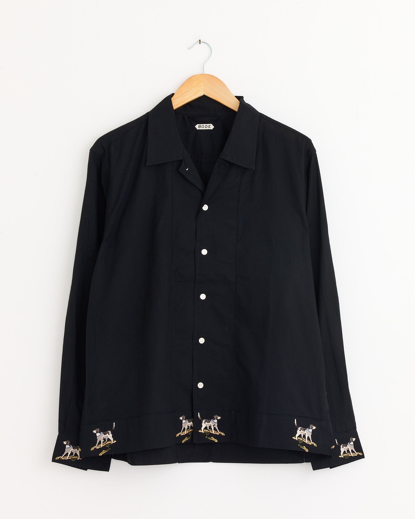 The Pointer Shirt in Black by Bode is a cotton shirt with an embroidered dog motif, ideal for casual style.