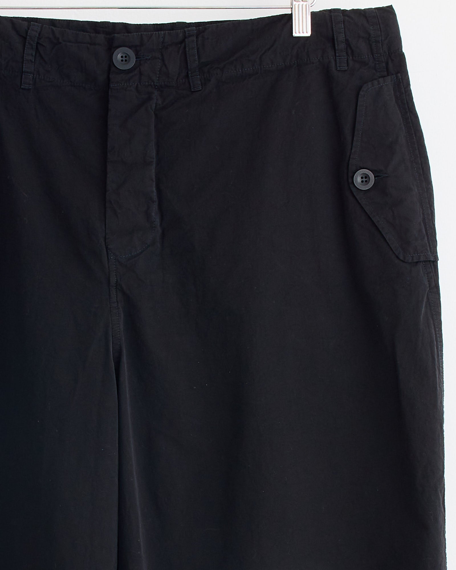 A close-up of the Abel Pant in Pitch Black by Casey Casey, featuring a relaxed drawstring style crafted from premium Paper Cotton.