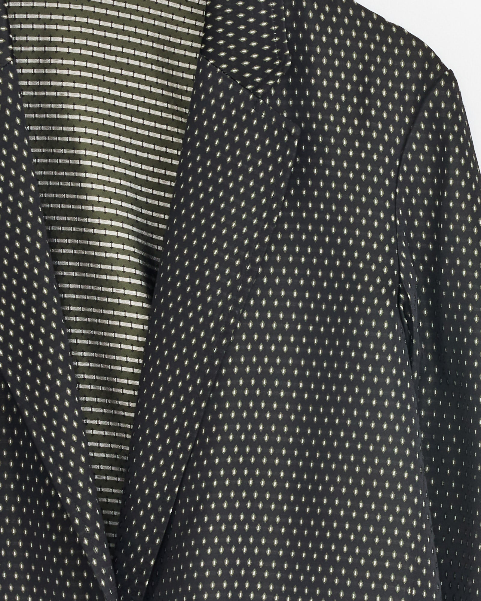 Close-up of the Dries Van Noten Jacquard Double-Breasted Blazer in Black, featuring a dark and light polka dot pattern with a striped inner lining, focusing on the lapel and shoulder.