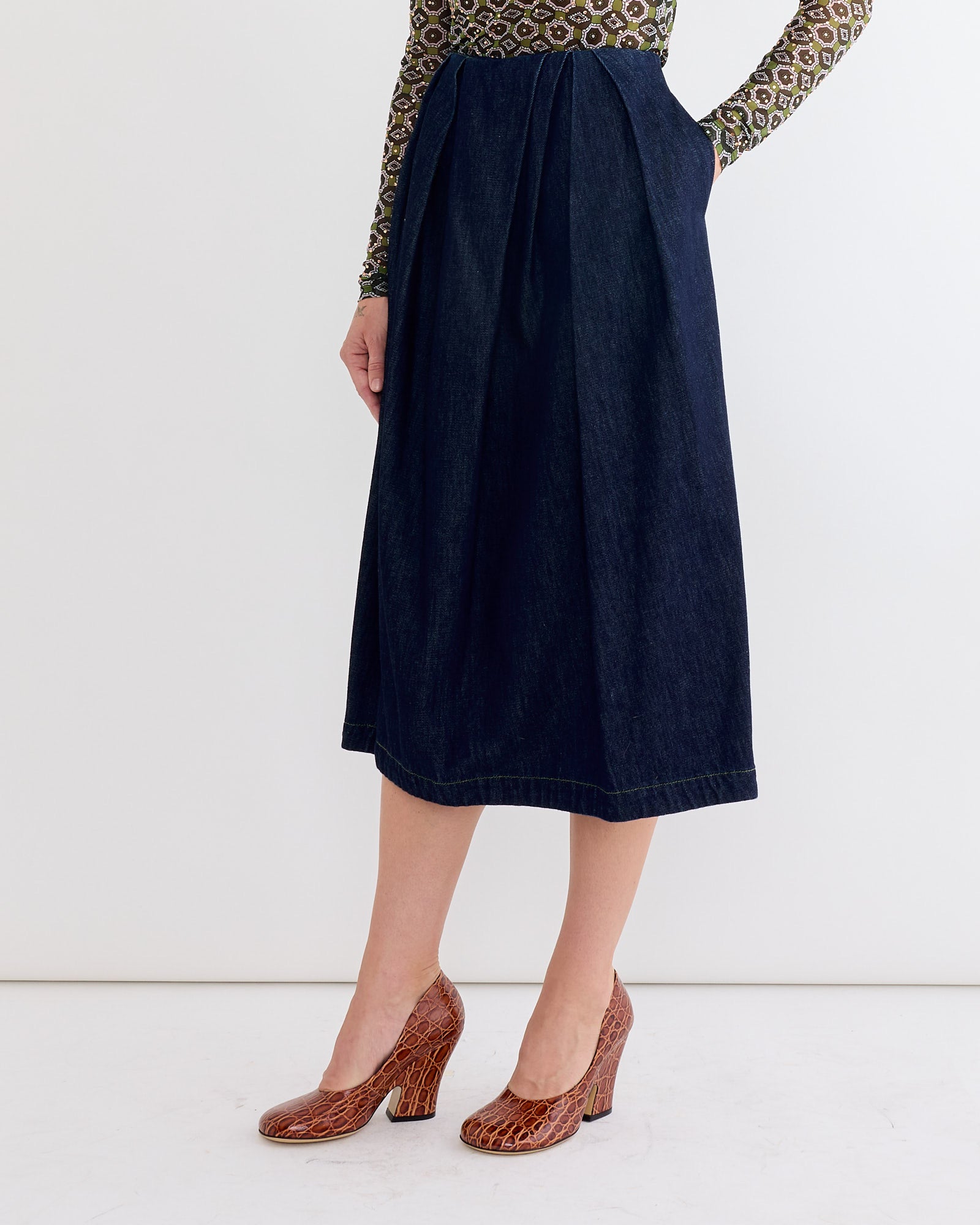 Pleated Denim Skirt in Indigo