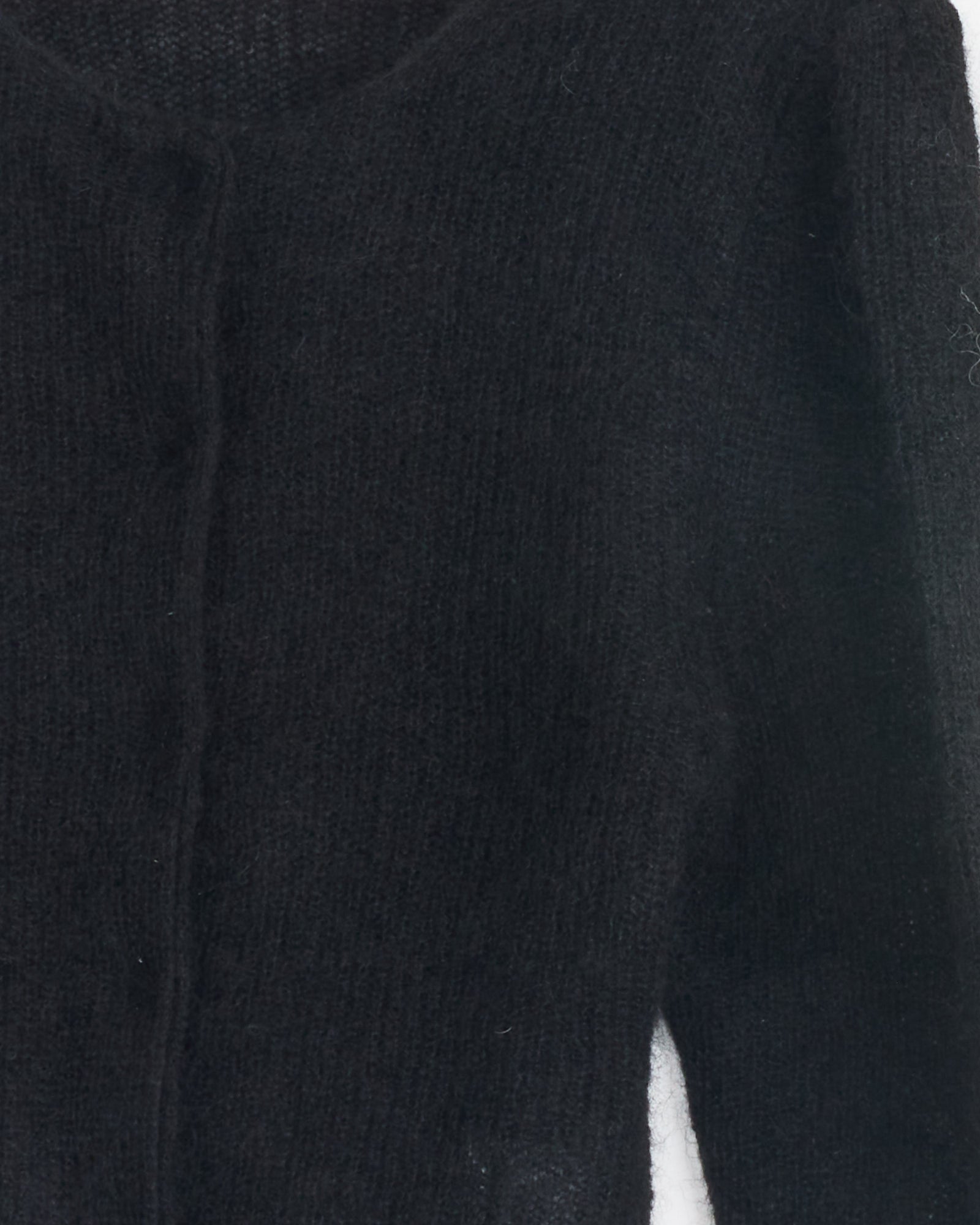 A close-up of the Amomento Round Neck Sheet Cardigan in Black, featuring a fuzzy mohair-blend and long sleeves, is shown against a white background. Only the soft upper portion of this cozy sweater is visible.