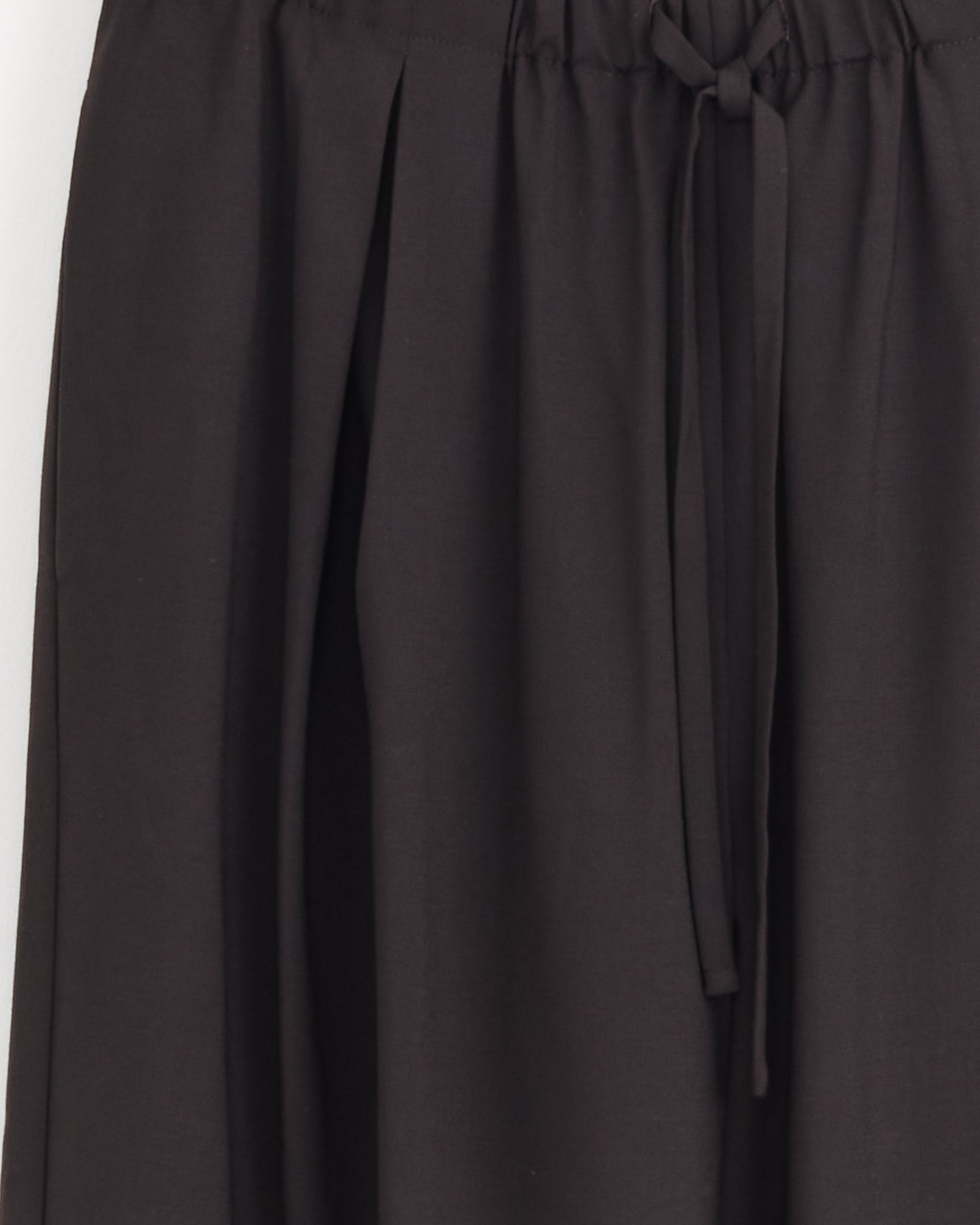 Close-up of Cordera's Relaxed Pleated Pant in Dark Brown, featuring an elastic waistband with a drawstring tie and soft, lightweight wool fabric gently pleated near the waist.
