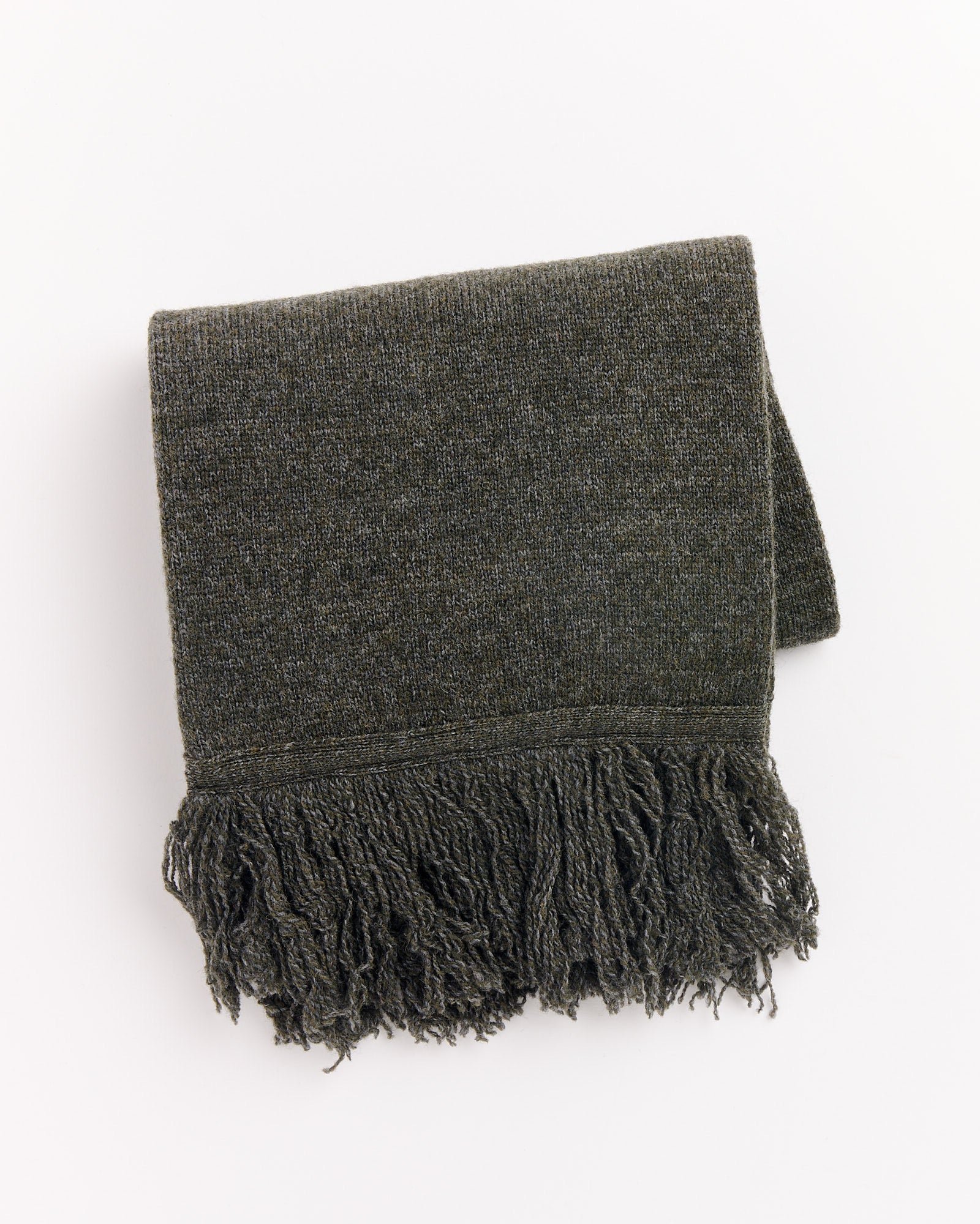 The 7G Fringe Muffler in Melange Khaki by Still By Hand, featuring fringed edges, is shown folded against a plain white background.