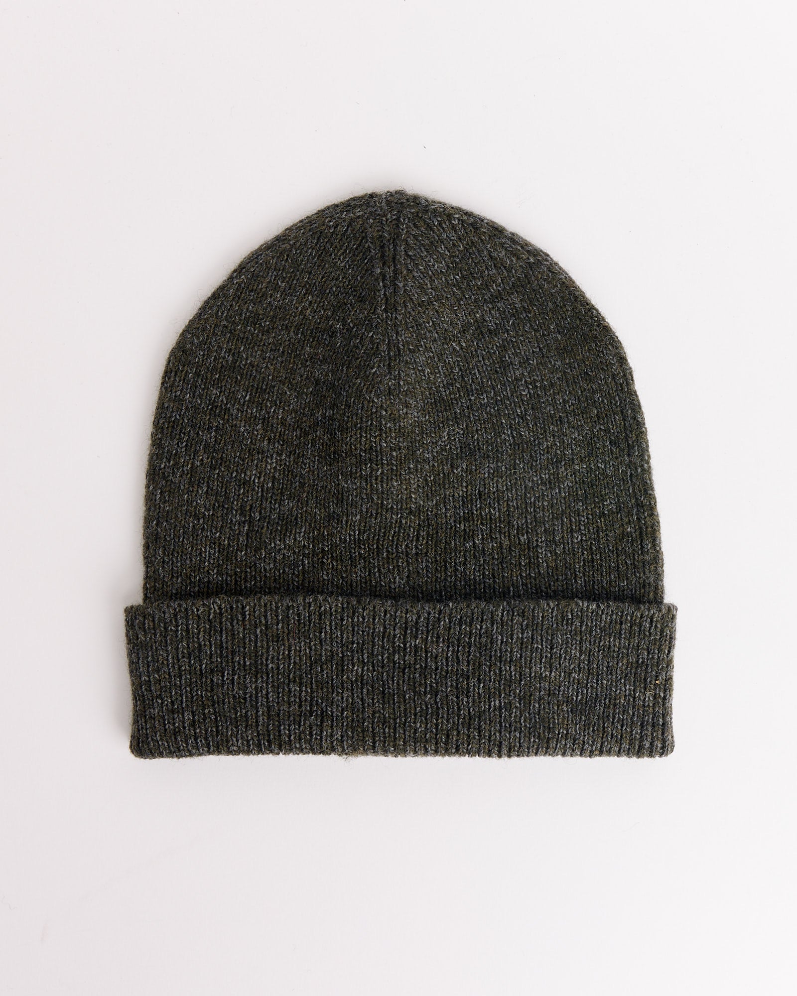 The Still By Hand 7G Knit Cap in Melange Khaki, featuring a folded brim, is laid flat on a white background.