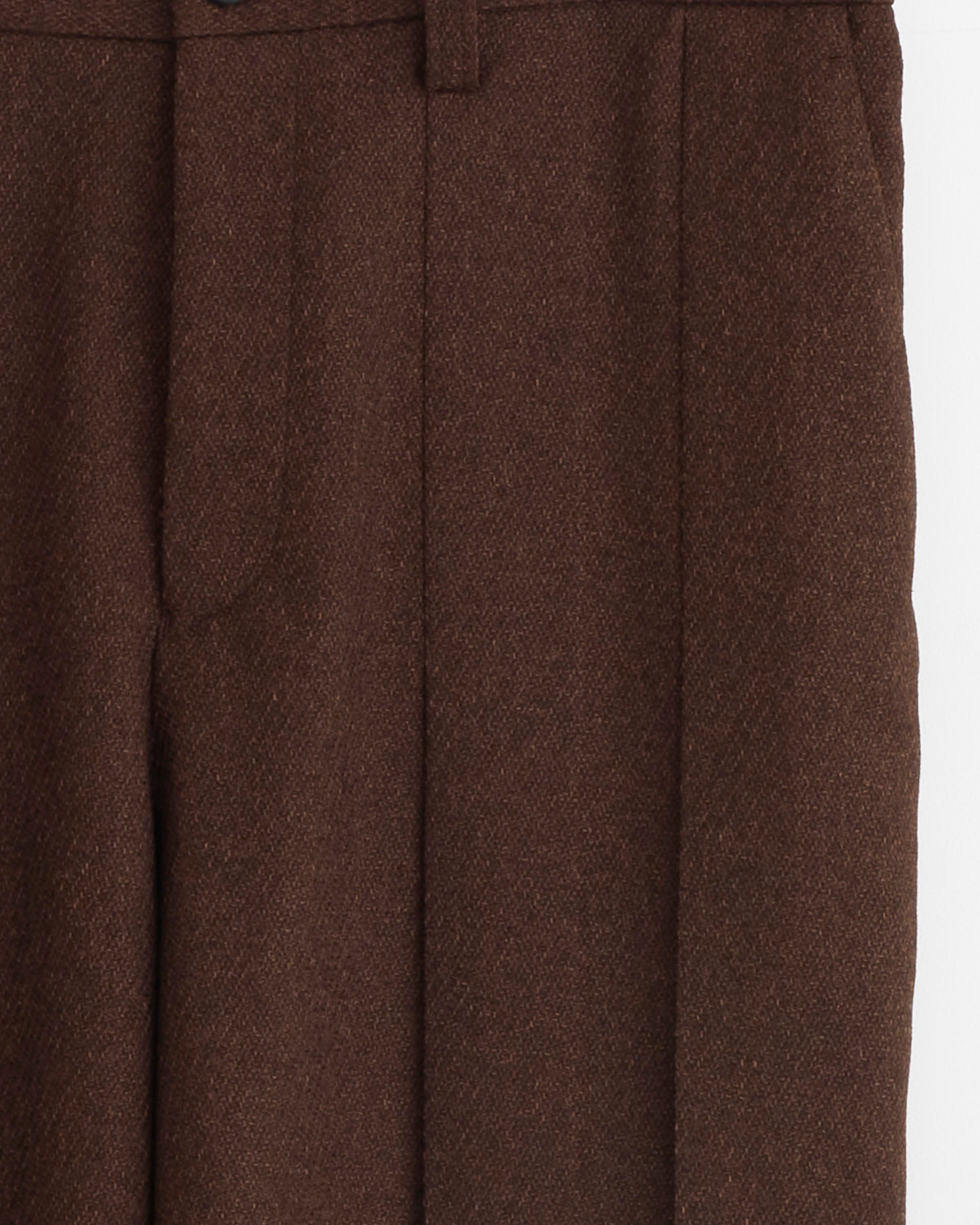 Close-up of IM MEN’s Wool Like Tweed Pant in Brown, featuring a tailored tapered fit, belt loops, side pockets, and front leg seam—made from easy-care polyester.