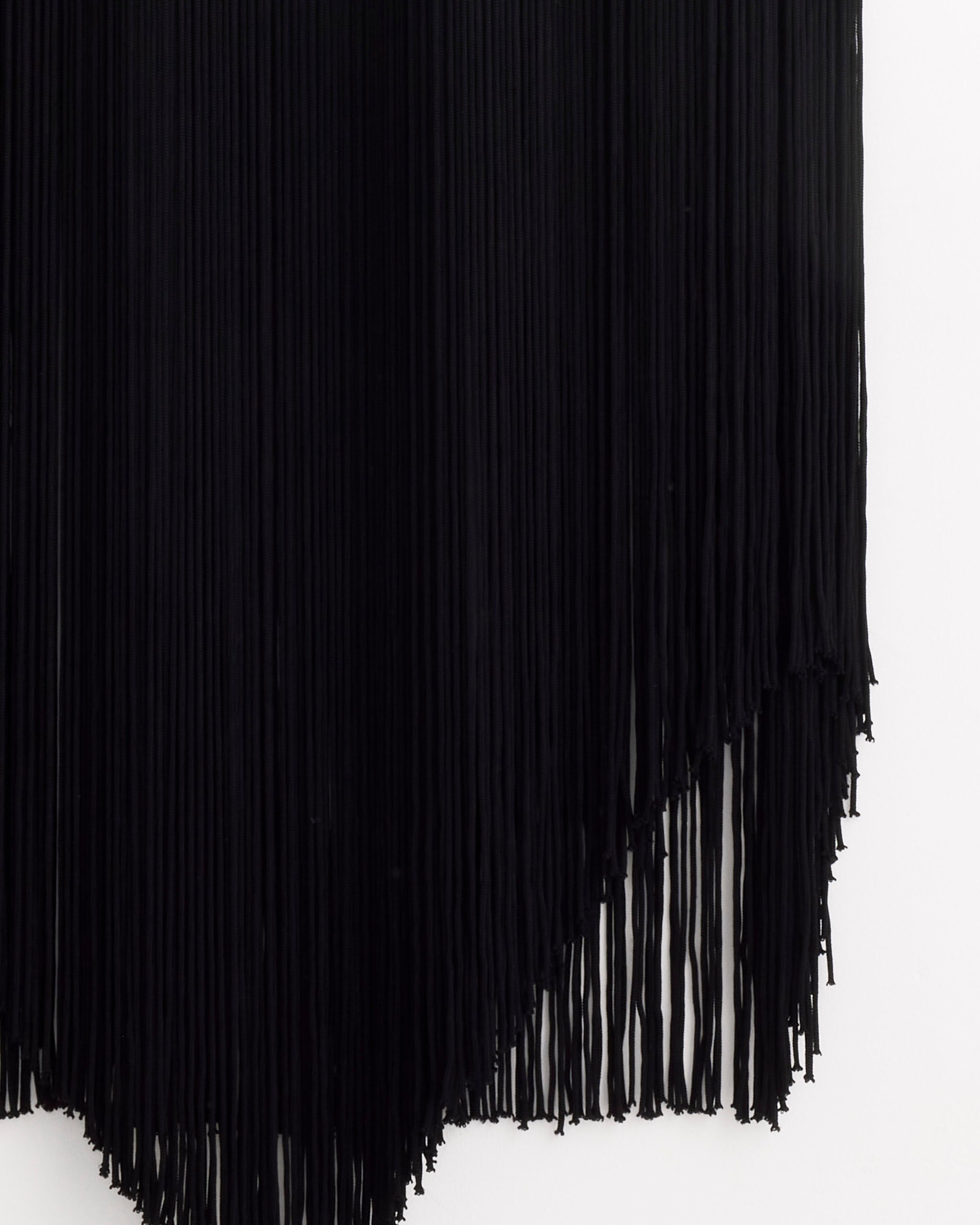 Long, vertical black strands from the Tibi 4-Ply Silk Fringe Cape hang against a white background, with the bottom edge forming an uneven, angular line.