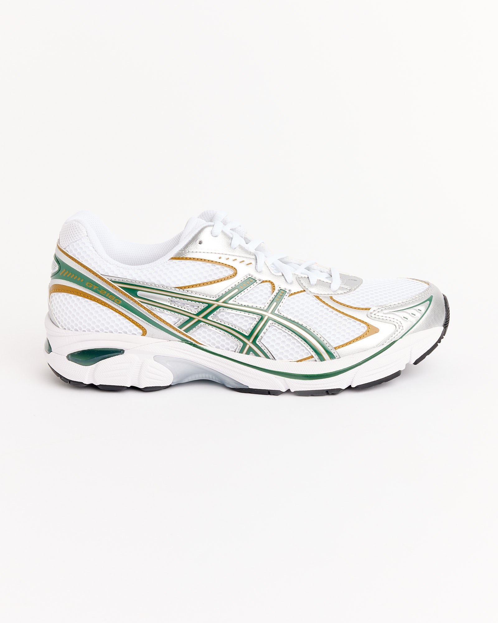 The Asics GT-2160 in White/Grove is a white athletic sneaker with green and gold accents, a breathable mesh upper, and a rubber sole for comfort, shown on a plain white background.