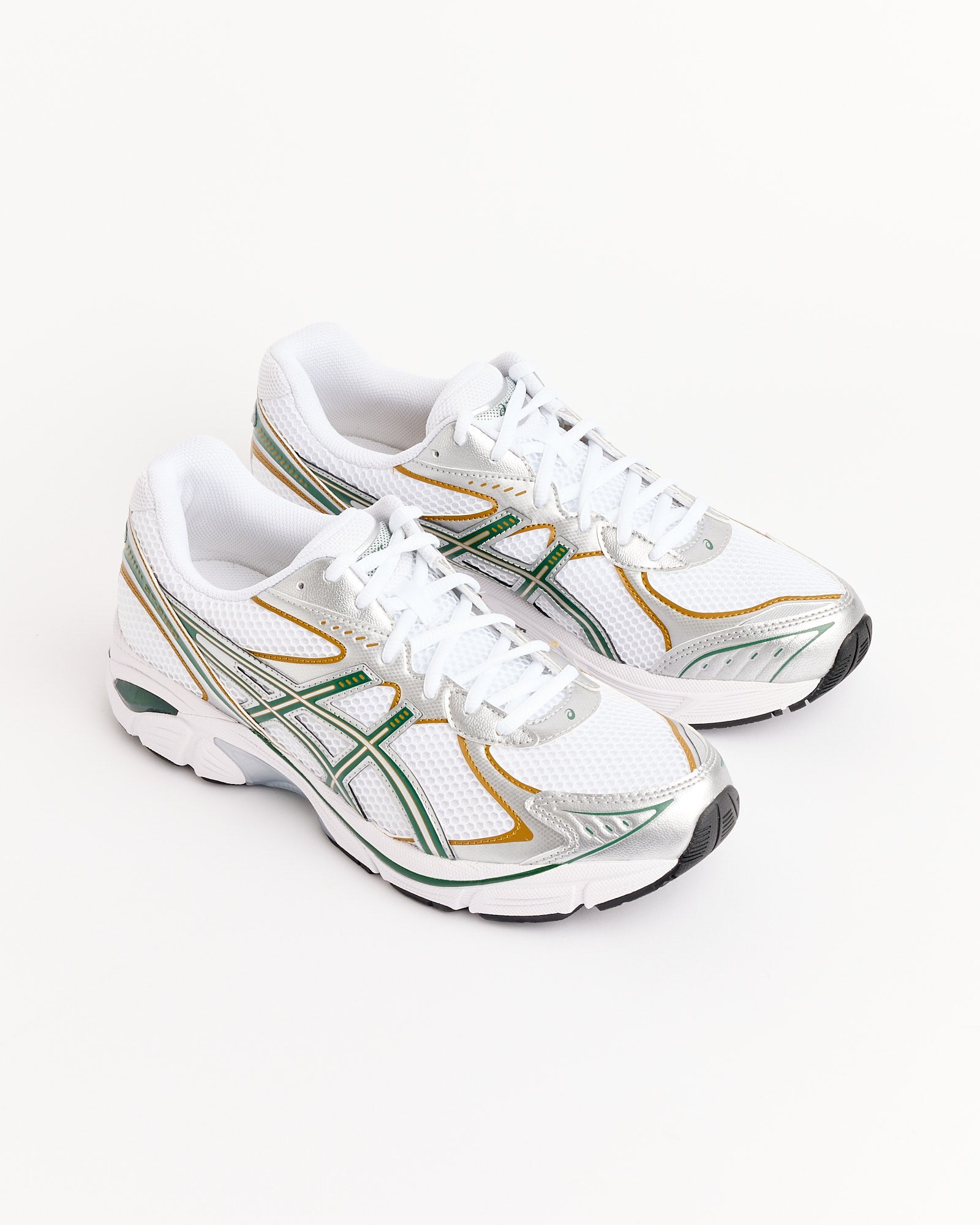 The Asics GT-2160 in White/Grove features mesh uppers with green, yellow, and silver accents plus black details on the sole, shown on a plain white background. For fit or sizing help, contact us via online chat.